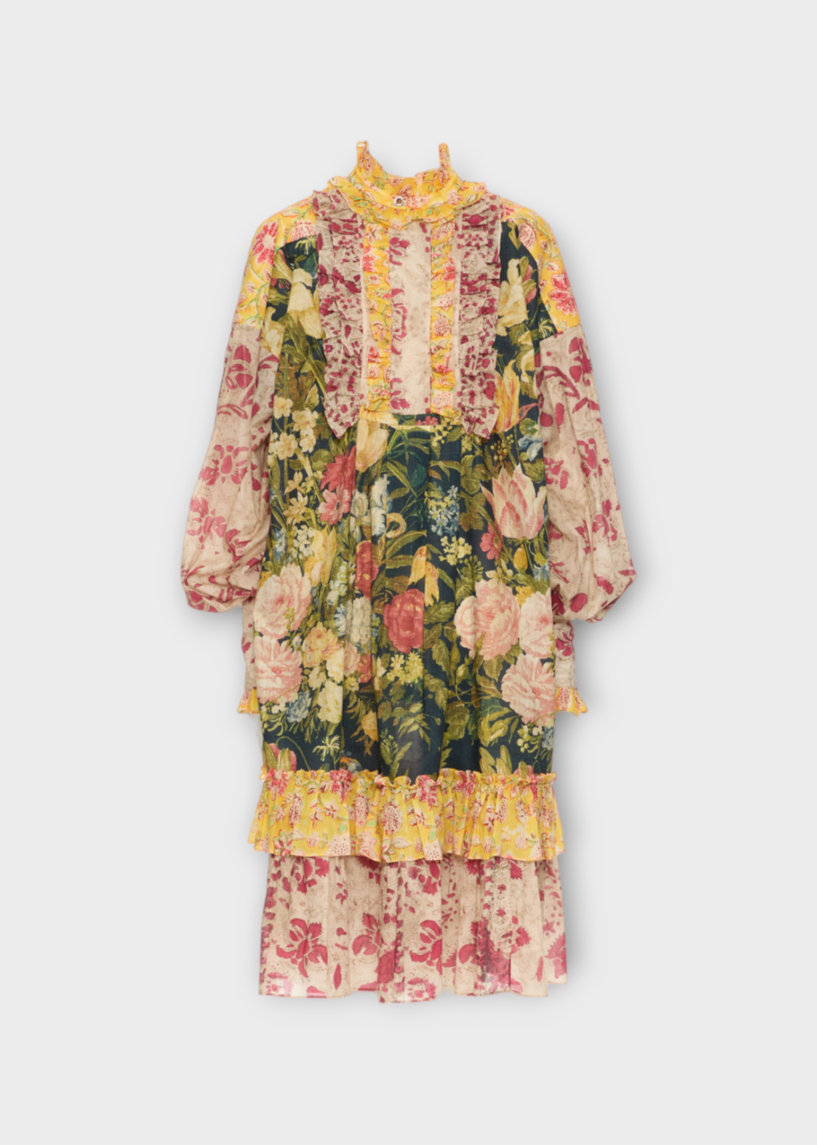 Valentino Valentino Dress, Print, High Neck Long Sleeve Ruffled Mini Dress In Multicolour w/ Flower Print