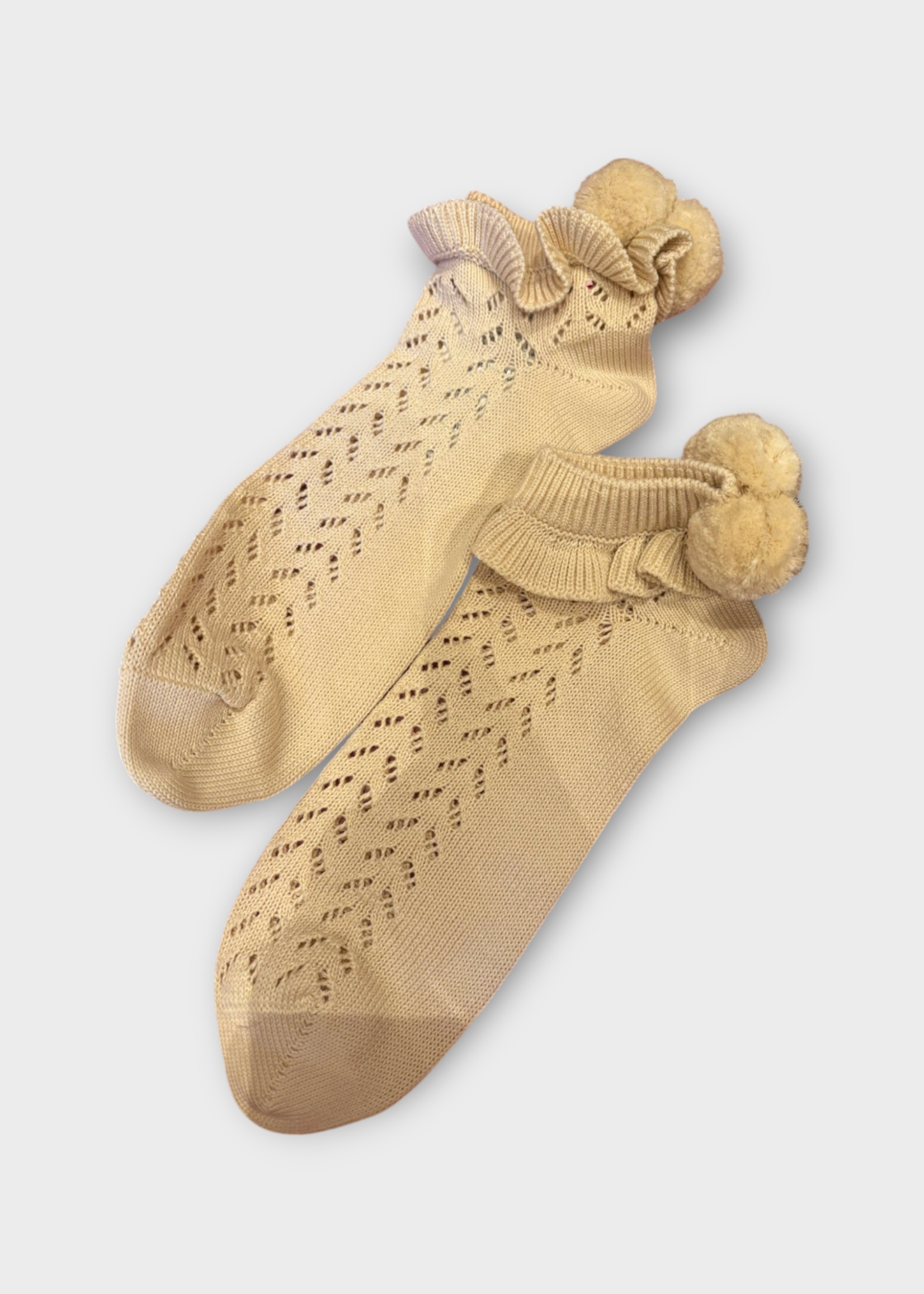 Valentino Valentino Socks, Beige, Cotton Crochet Socks w/ Pom Pom Detail