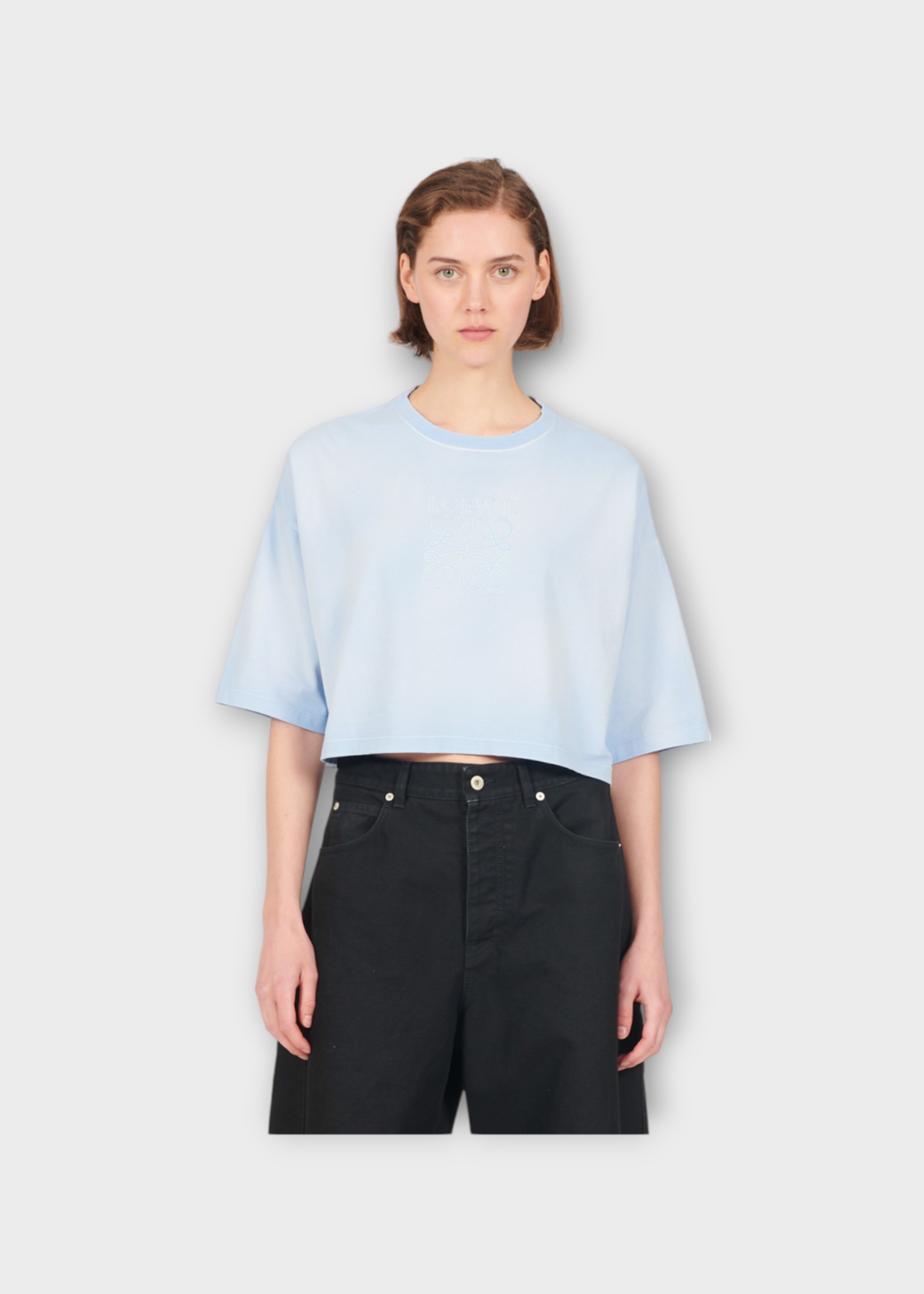 Loewe Loewe T-Shirt, Blue, Loose Fit Cotton Cropped T-Shirt In Light Blue w/ Logo Embroidery