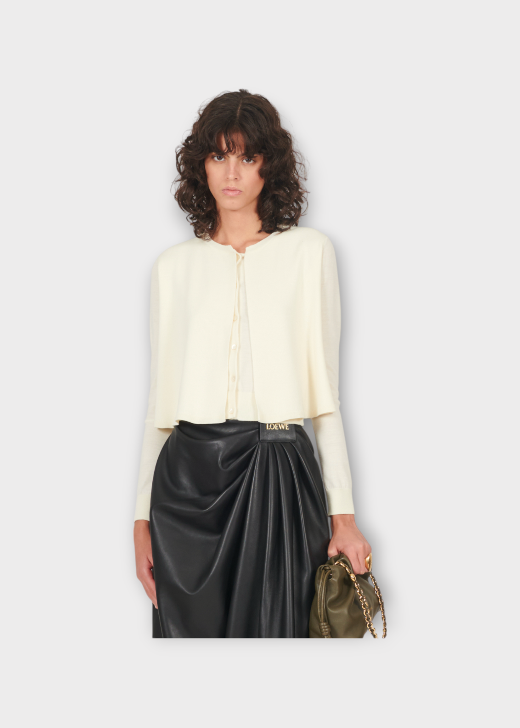 Loewe Loewe Knitwear, White, Wool Crew Neck Buttoned Layered Cardigan In White