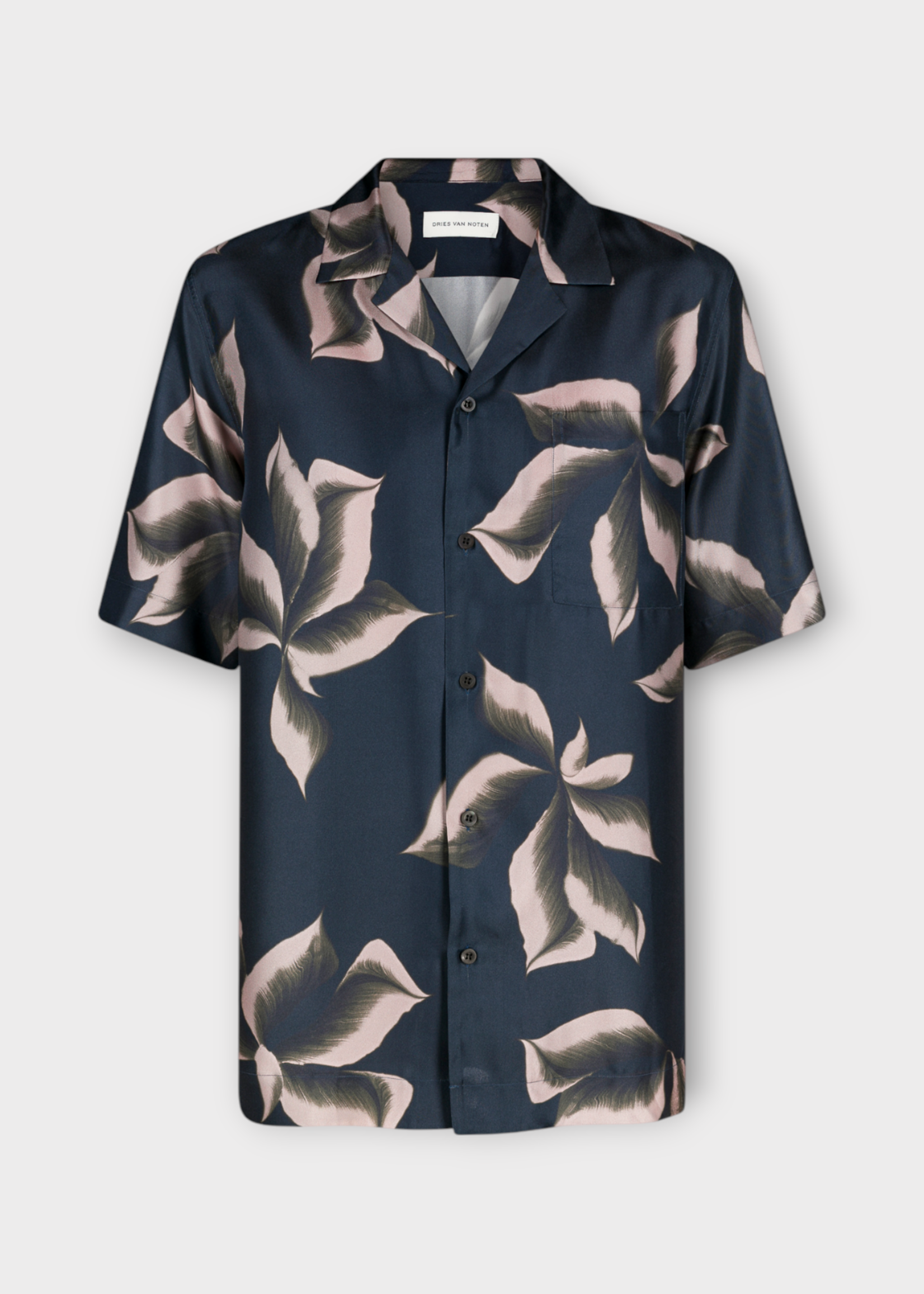 Dries Van Noten Dries Van Noten Shirt, Print, Carltone Silk Collared Short Sleeve Shirt in Dark Navy w/ Flower Print
