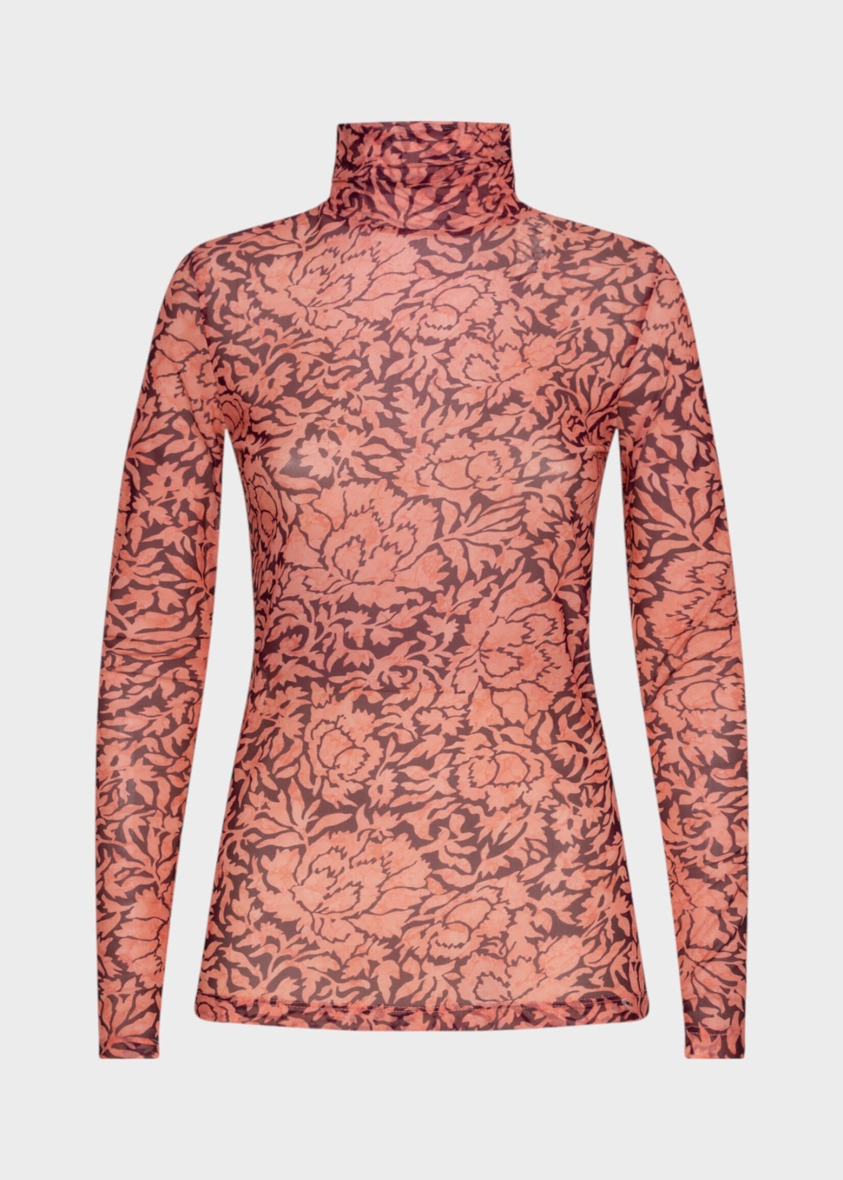 Dries Van Noten Dries Van Noten Top, Pink, Hoyser Mesh Slim Fit Turtle Neck in Peach w/ All Over Floral Print