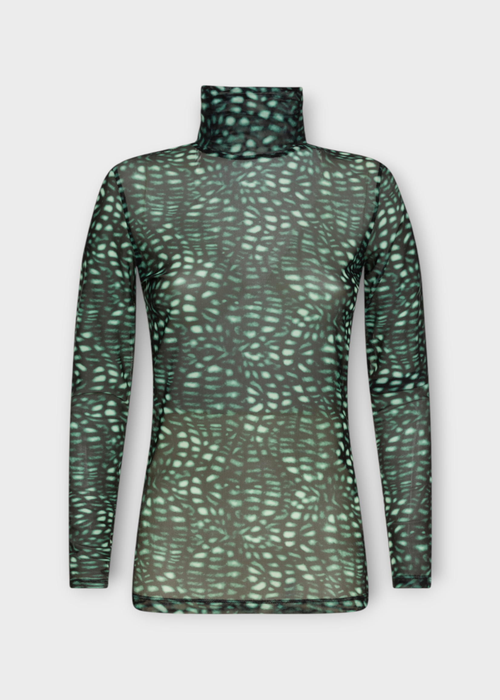 Dries Van Noten Dries Van Noten Top, Green, Hoyser Mesh Slim Fit Turtle Neck in Malachite w/ Geometric Print