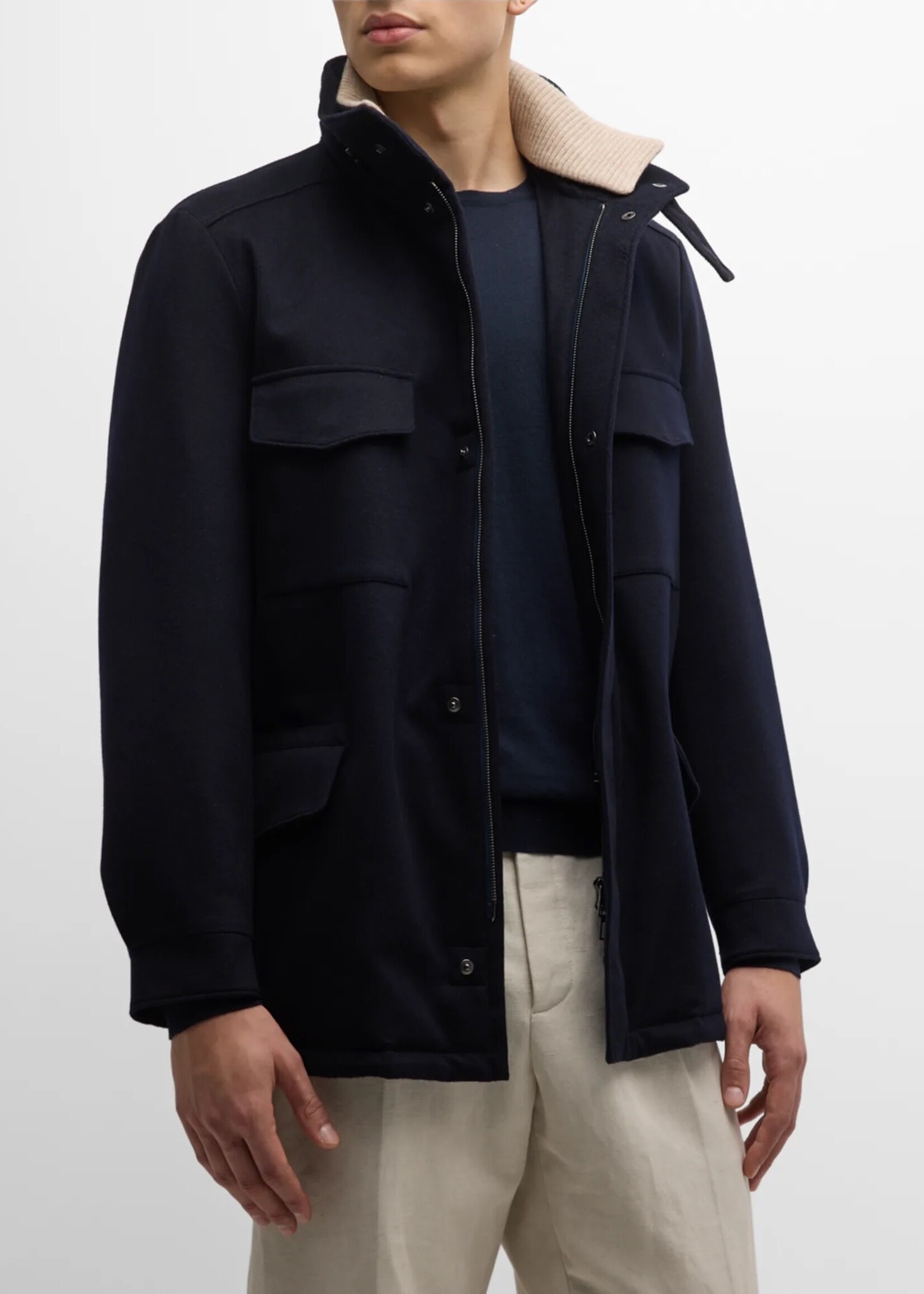 Loro Piana Loro Piana Jacket, Navy, Traveller Woven Cashmere High Neck Multiple Pockets Zip Up Jacket in Blue Navy