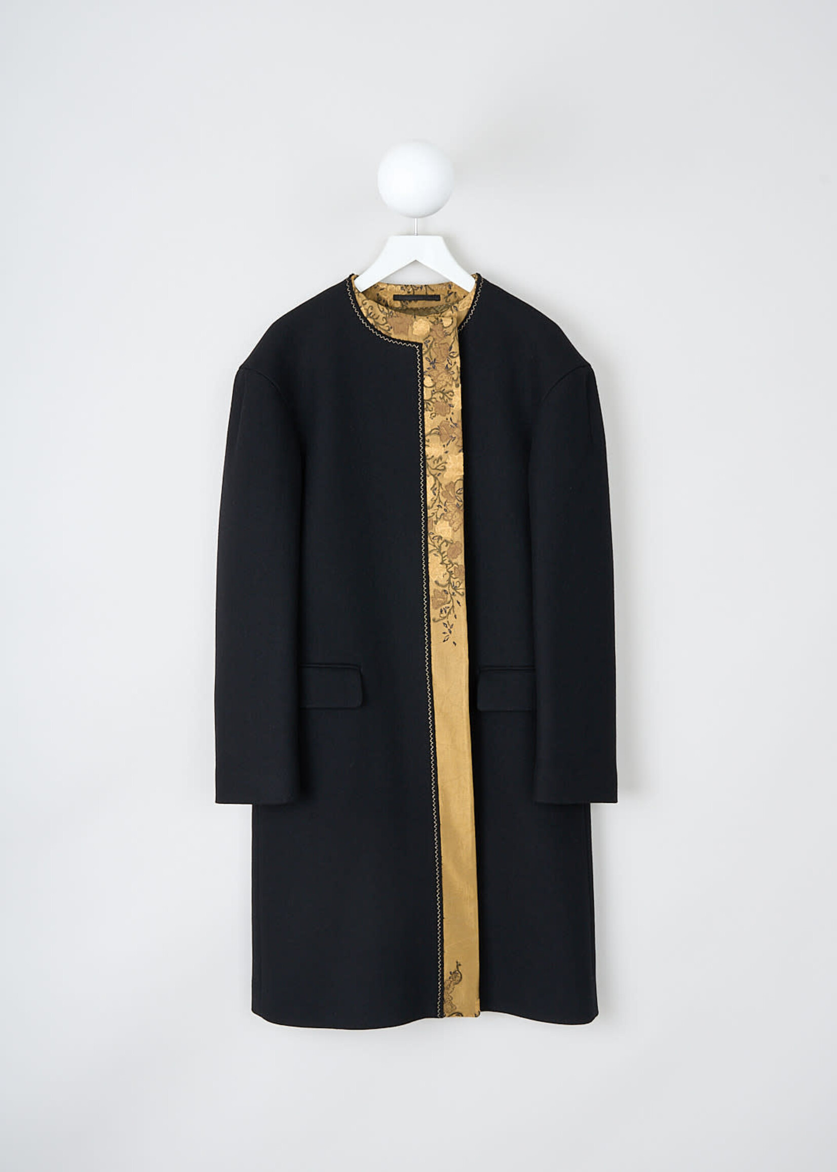 Dries Van Noten Dries Van Noten Coat, Black, Rivka Oversized Crew Neck Long Coat In Black w/ Gold Hem