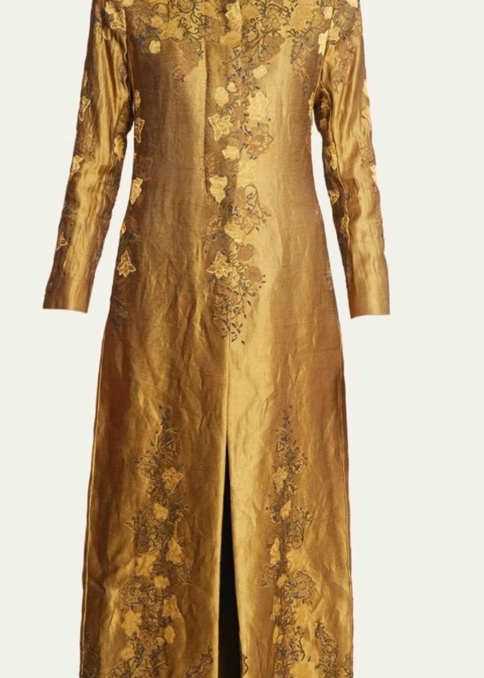 Dries Van Noten Dries Van Noten Coat, Gold, Rilkes Slim Fit Collared Long Coat In Ocra Gold w/ Flower Embroidery