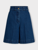 Patou Patou Shorts, Blue, High Waisted Pleated Denim Bermuda In Ink Blue