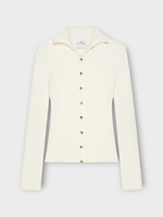 Courreges Courreges Knitwear, White, Cotton & Wool High Neck Light Ribbed Buttoned Cardigan in Heritage White