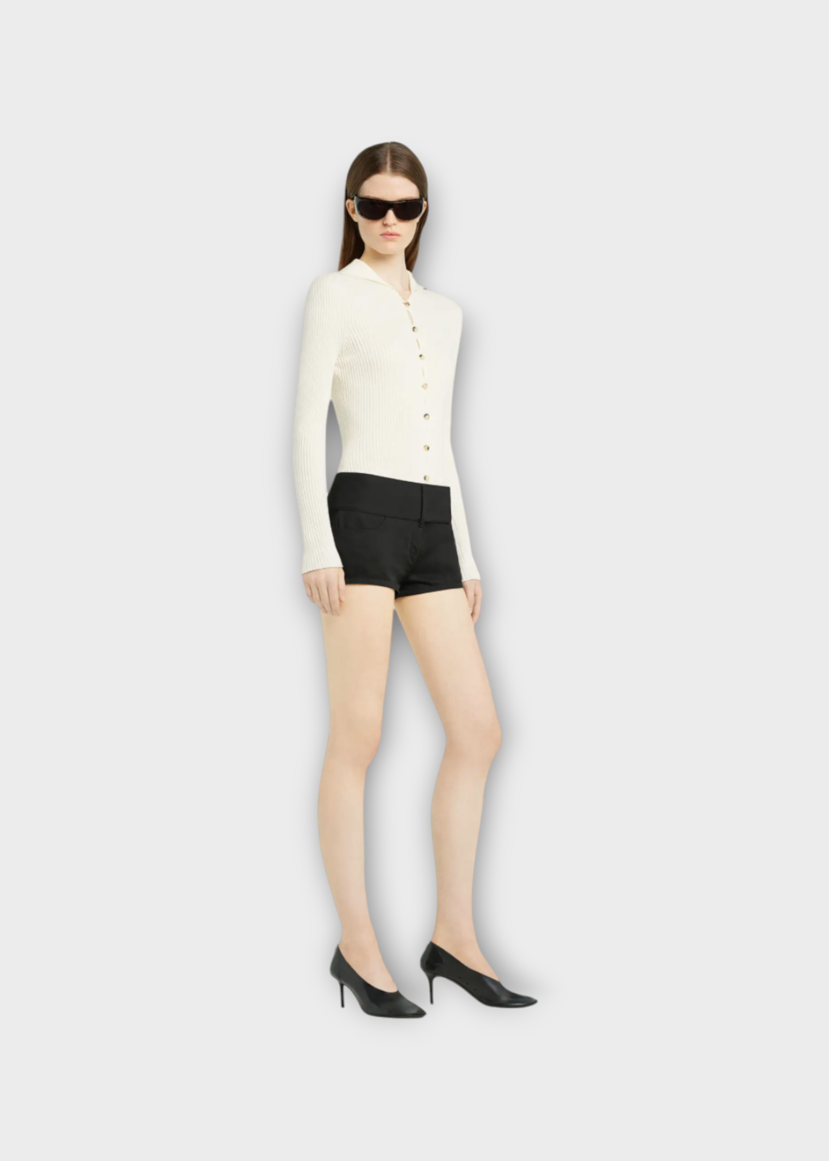 Courreges Courreges Knitwear, White, Cotton & Wool High Neck Light Ribbed Buttoned Cardigan in Heritage White