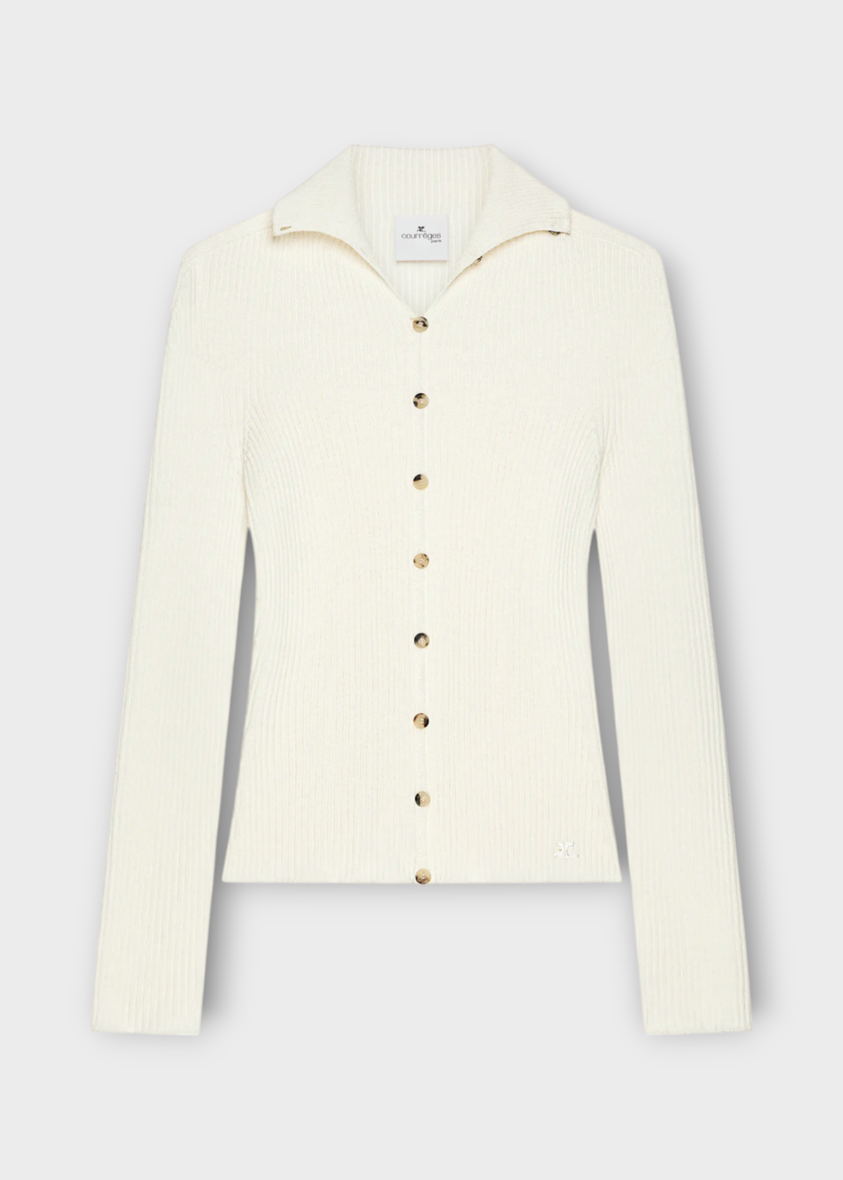 Courreges Courreges Knitwear, White, Cotton & Wool High Neck Light Ribbed Buttoned Cardigan in Heritage White