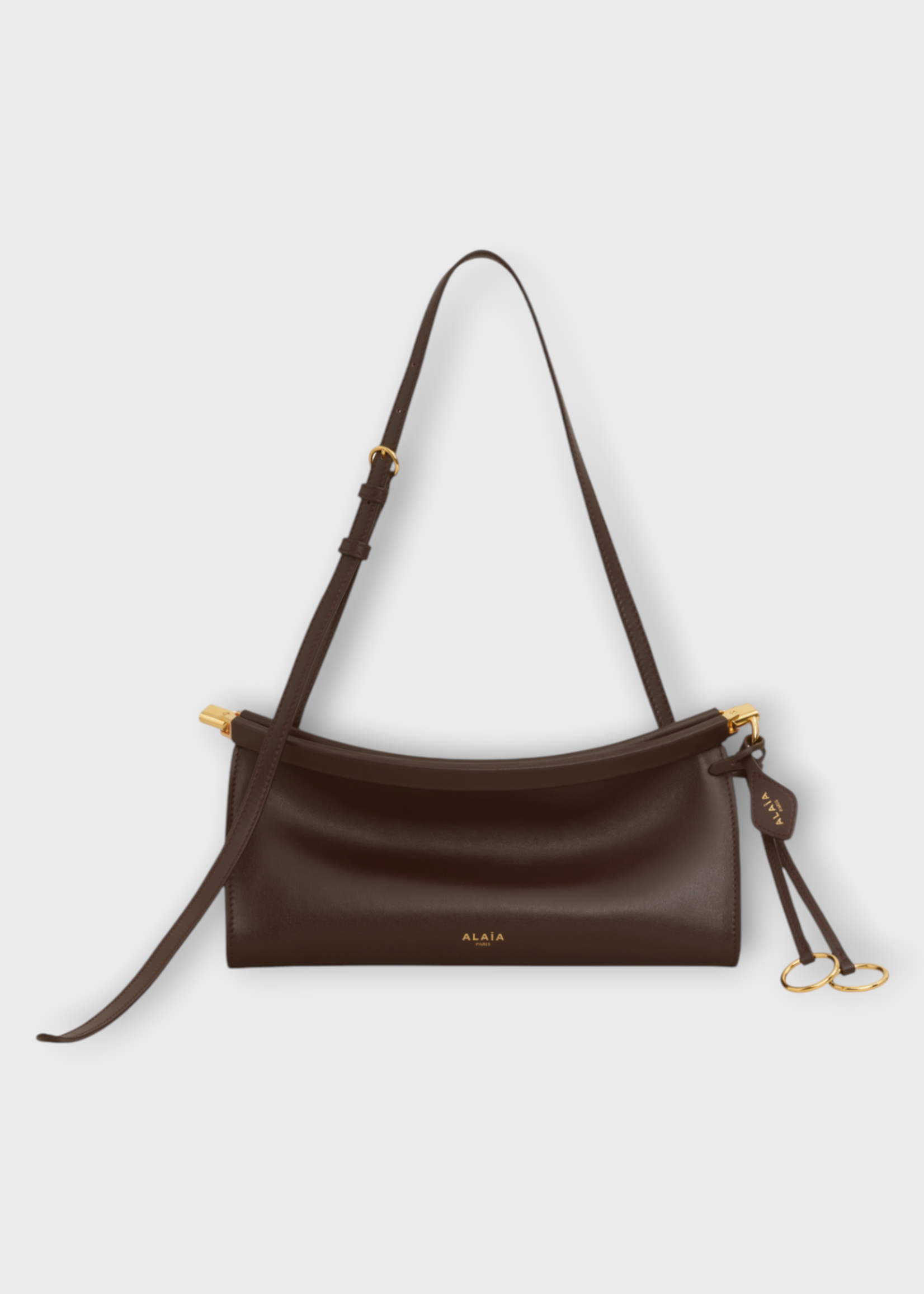 Alaia Alaia Bag, Brown, Glossy East West Leather Curved Small Shoulder Bag In Marron Fonce