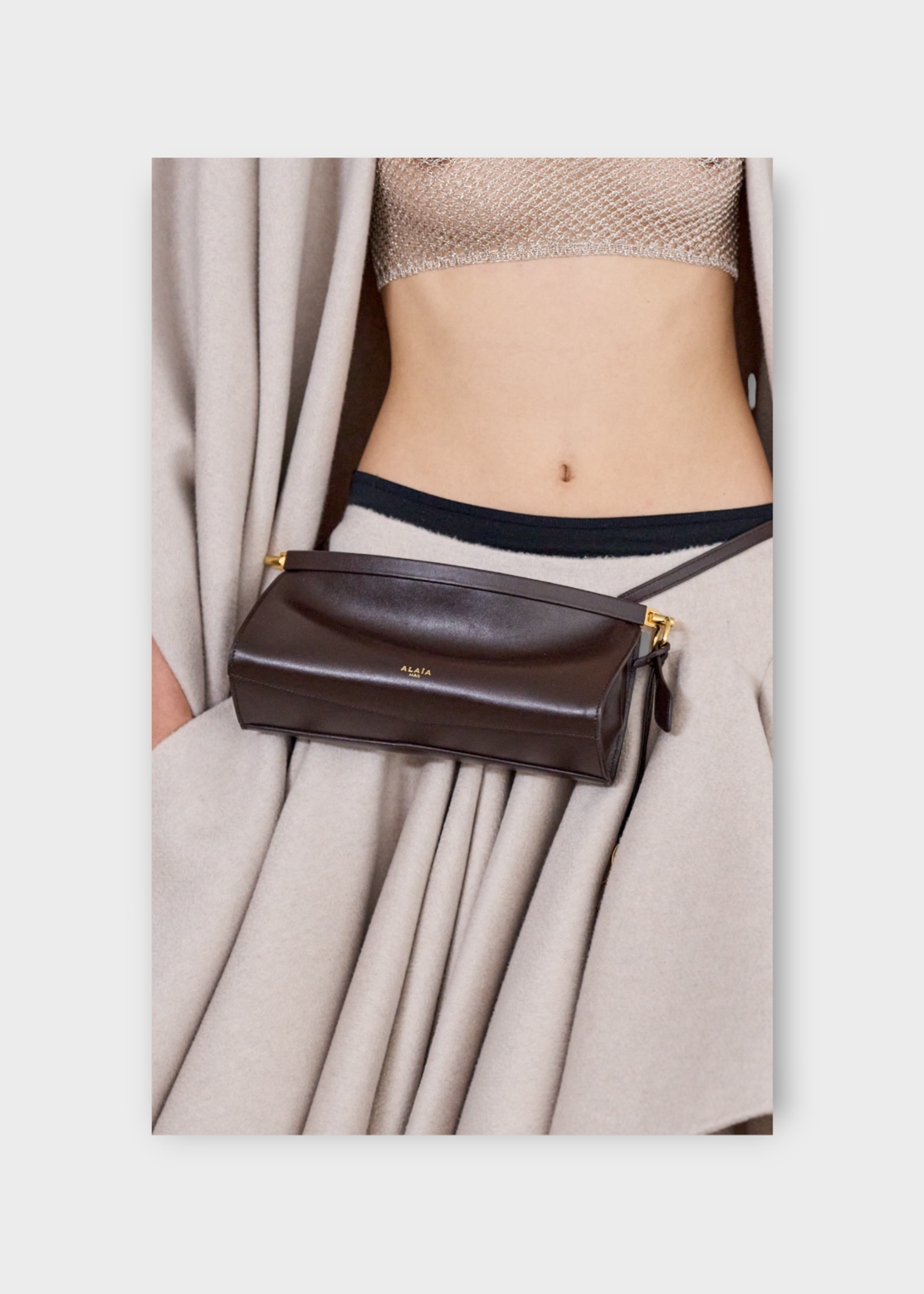 Alaia Alaia Bag, Brown, Glossy East West Leather Curved Small Shoulder Bag In Marron Fonce