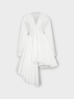 Alaia Alaia Dress, White, Cotton Poplin V-Neck Long Sleeve Asymmetric Belted Dress In Blanc