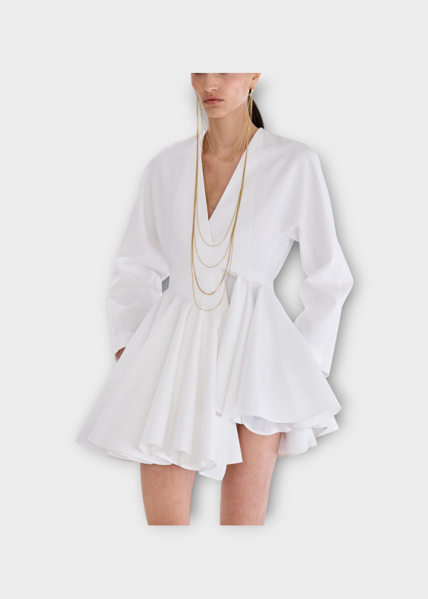 Alaia Alaia Dress, White, Cotton Poplin V-Neck Long Sleeve Asymmetric Belted Dress In Blanc
