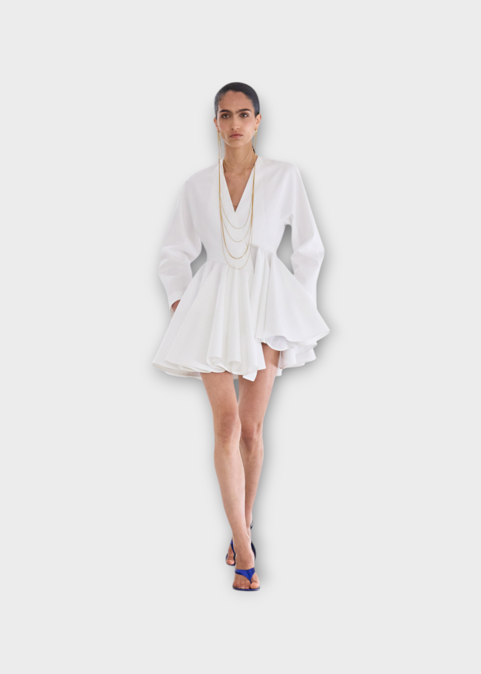Alaia Alaia Dress, White, Cotton Poplin V-Neck Long Sleeve Asymmetric Belted Dress In Blanc