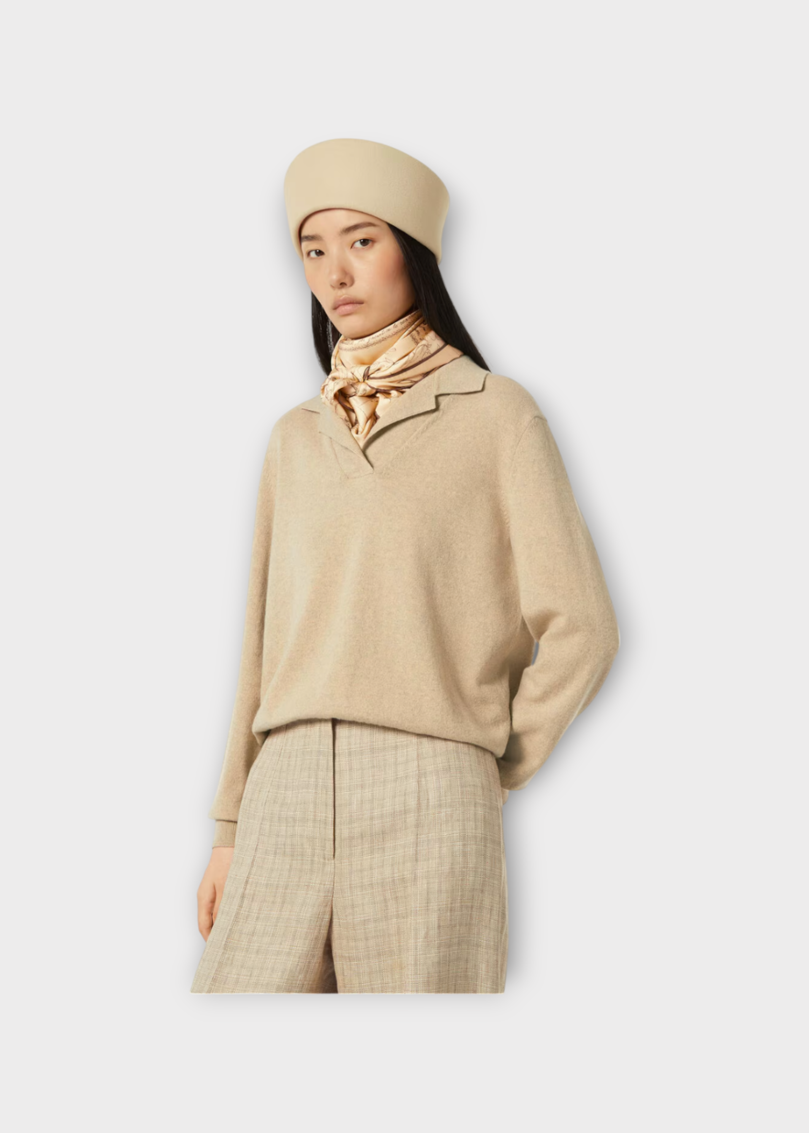 Loro Piana Loro Piana Knitwear, Beige, Arona Cashmere V-Neck Long Sleeves Polo In Maple Walnut Melange