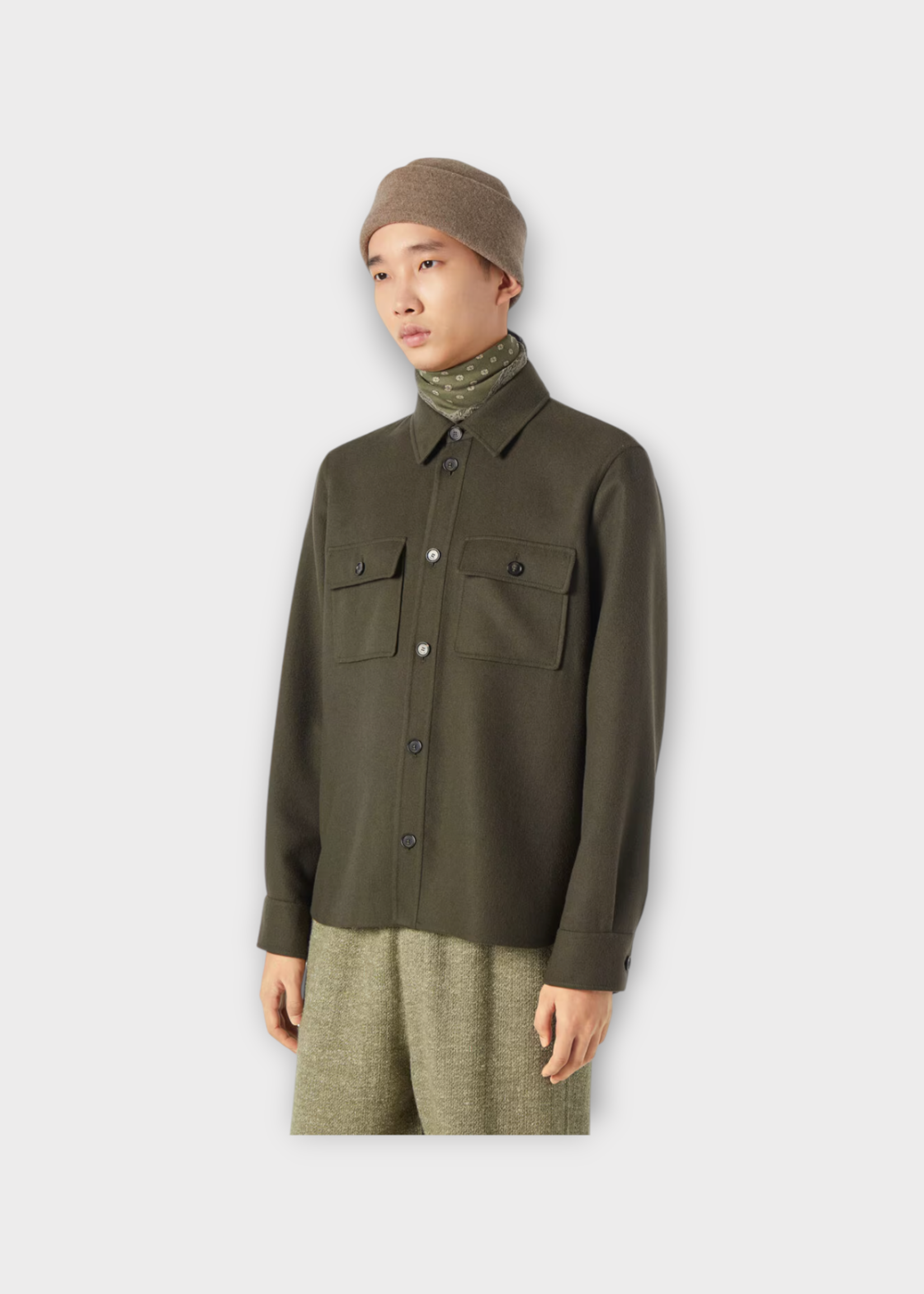 Loro Piana Loro Piana Jacket, Green, Jim Cashmere Straight Cut Collared Overshirt In Black Pine