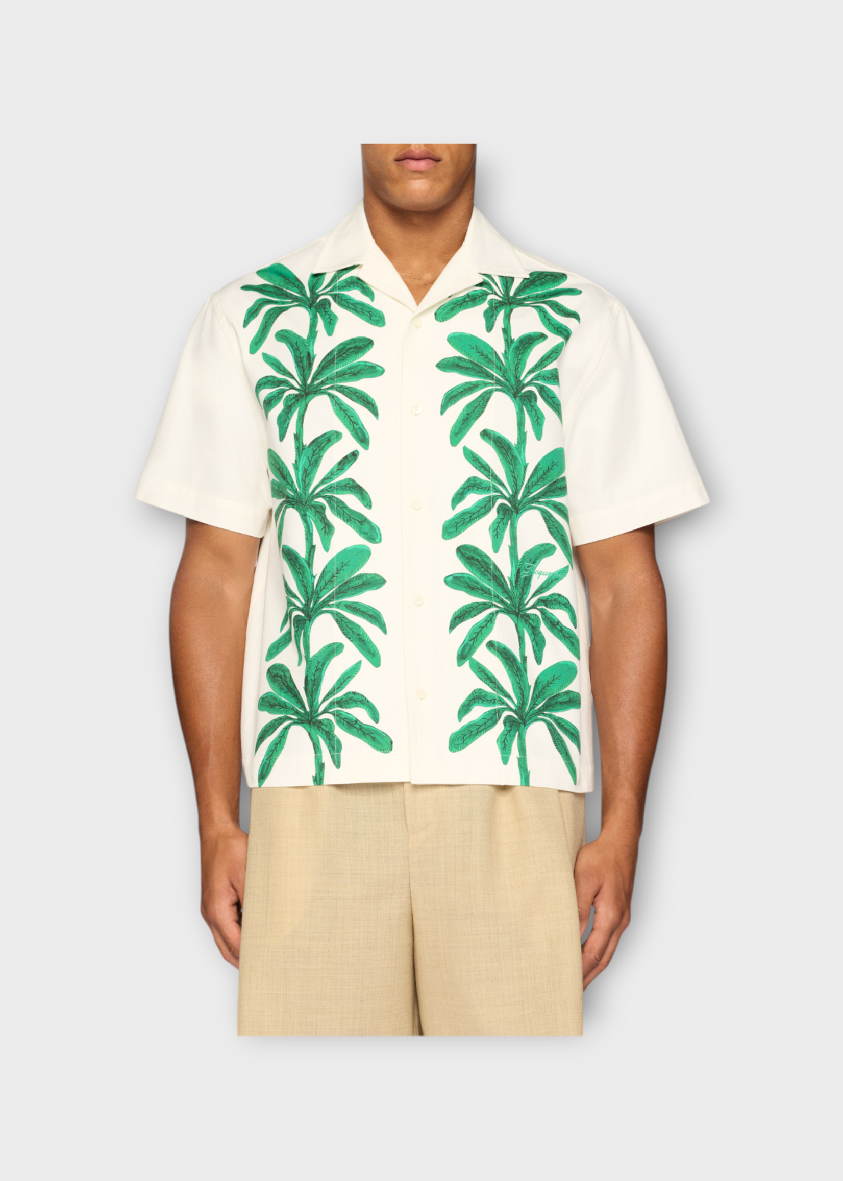 Jacquemus Jacquemus Shirt, White, La Chemise Jean Cotton Collared Short Sleeve Shirt in White w/ Painted Palm trees