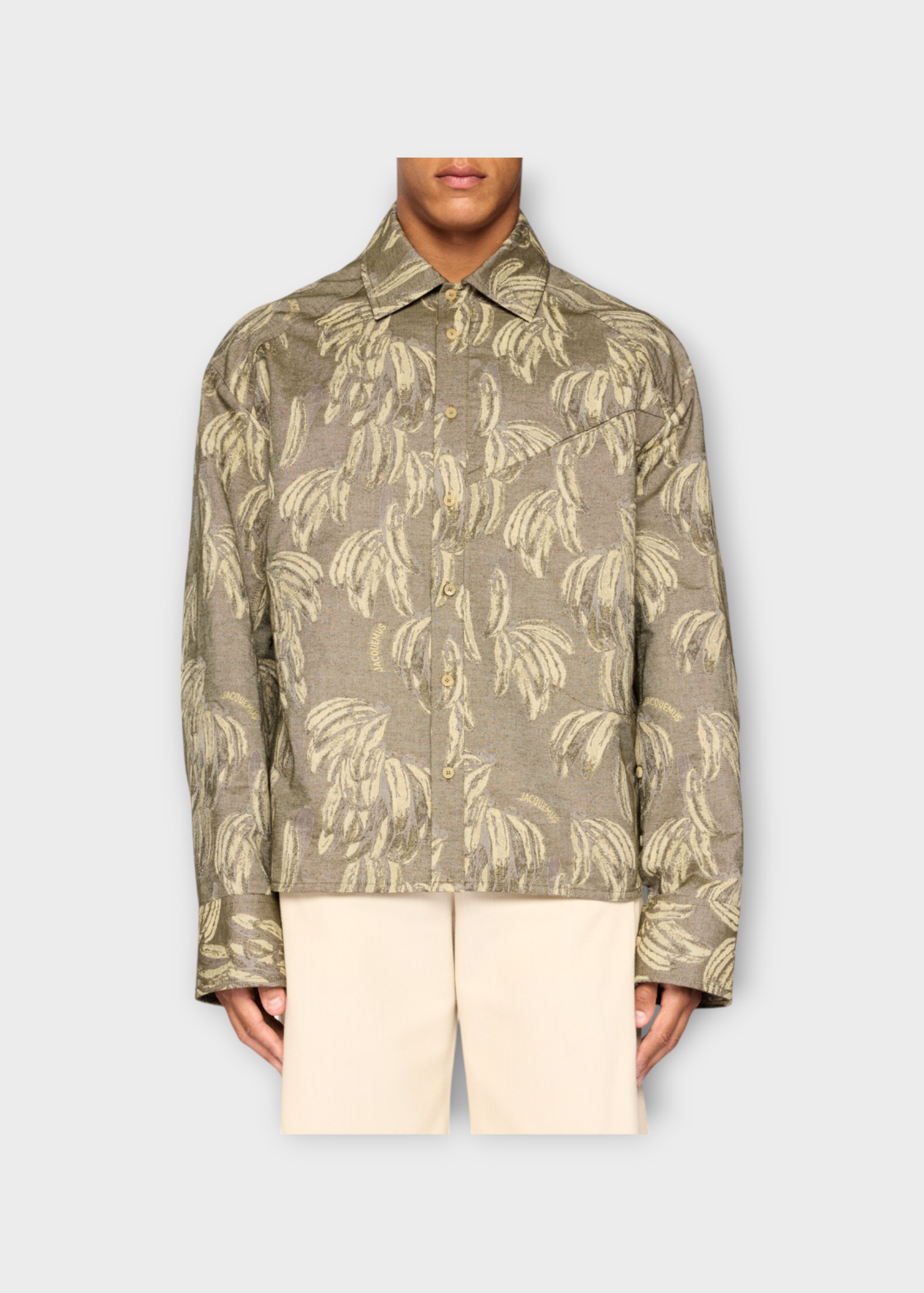 Jacquemus Jacquemus Shirt, Print, La Chemise Bateau Collared in Khaki w/ Banana Jacquard & Slanted Pocket