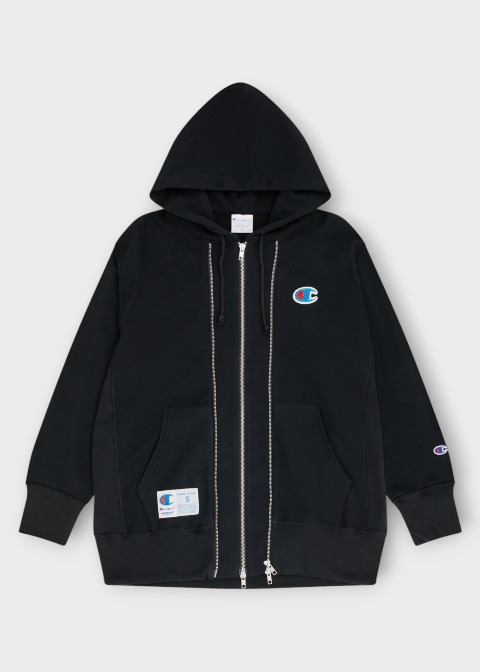 Undercover Undercover Sweatshirt, Black, Champion x Undercover Cotton Oversized Zipped Hoodie in Black w/ Logo Embroidery