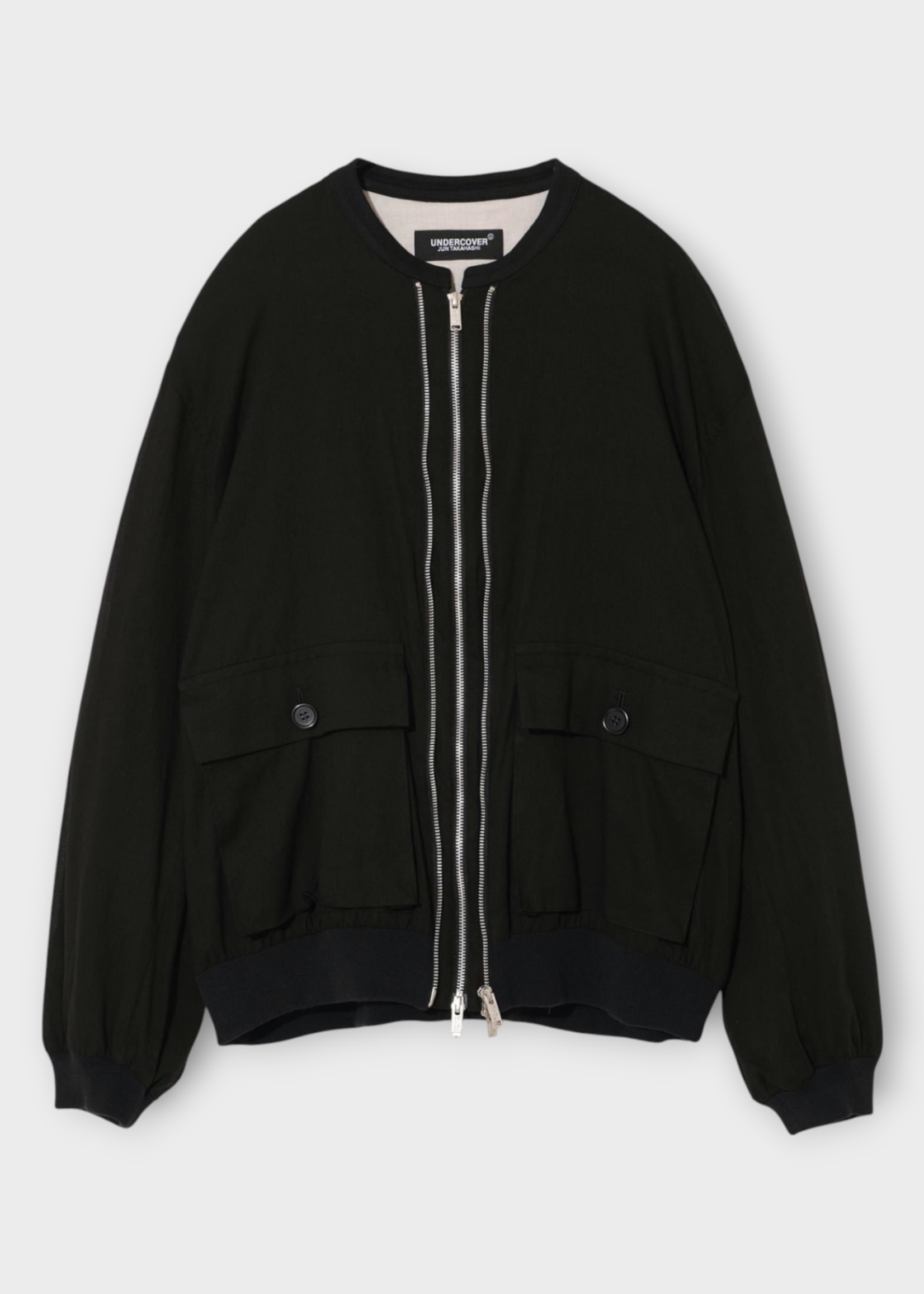 Undercover Undercover Jacket, Black, Crew Neck Double Zip Bomber Jacket in Black w/ Patch Pockets