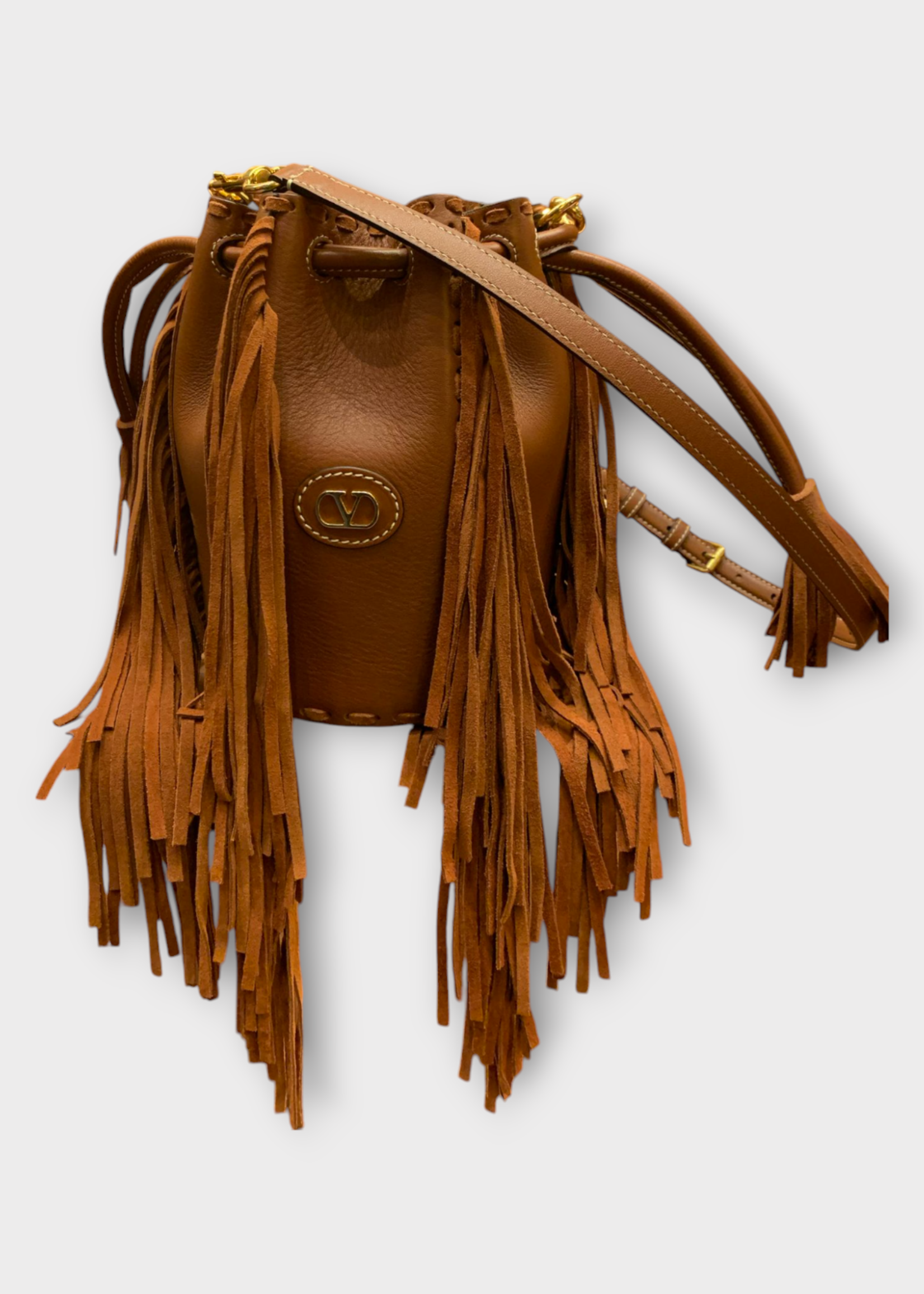 Valentino Valentino Bag, Brown, Small Nellcote Calf Leather Bucket Bag In Deep Caramel w/ Brass Logo & Fringes