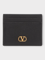 Valentino Valentino Wallet, Black, Soft Grained Calf Leather Card Holder in Black w/ Brass Logo