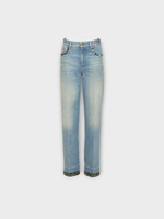 Valentino Valentino Jeans, Blue, Cotton High Waist Wide Leg Pleated Denim Pants in Medium Blue Denim w/ Floral Print Details