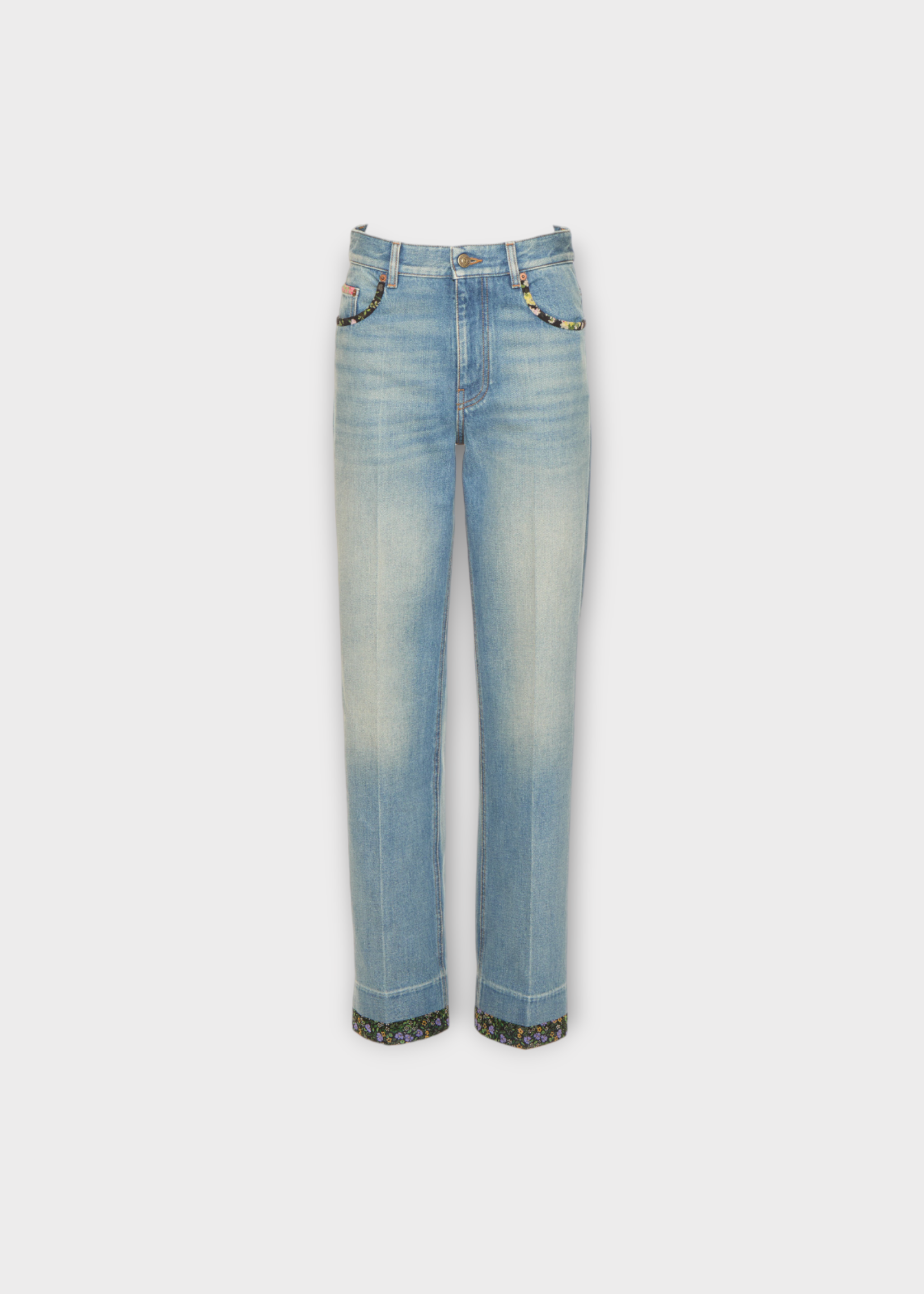 Valentino Valentino Jeans, Blue, Cotton High Waist Wide Leg Pleated Denim Pants in Medium Blue Denim w/ Floral Print Details