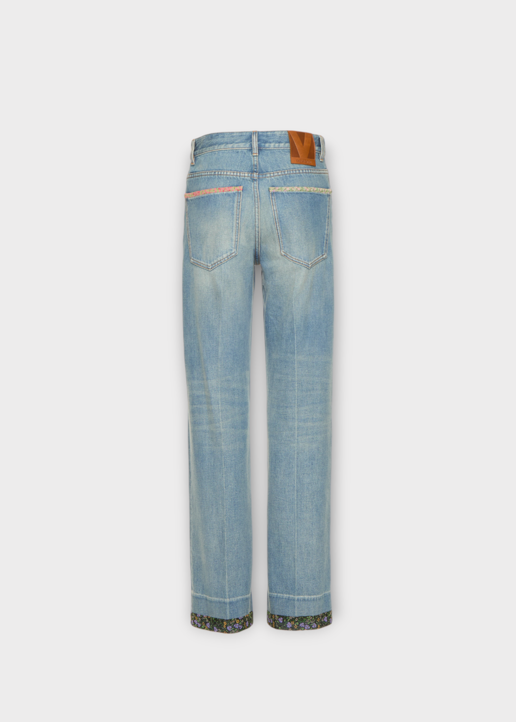 Valentino Valentino Jeans, Blue, Cotton High Waist Wide Leg Pleated Denim Pants in Medium Blue Denim w/ Floral Print Details