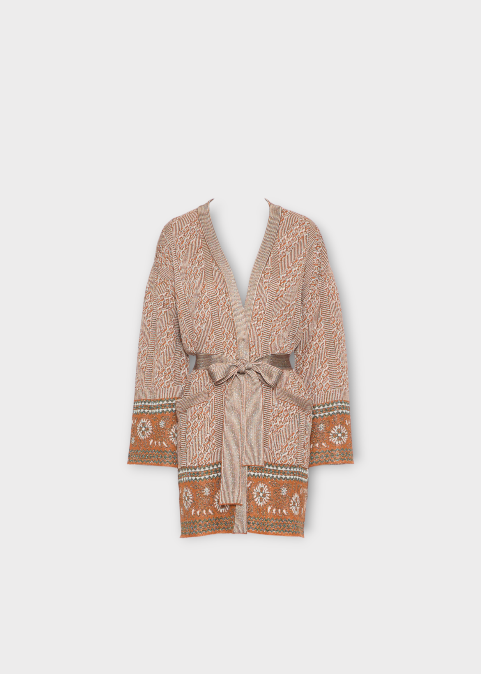Valentino Valentino Knitwear, Multi, Viscose & Lurex V-Neck  Belted Cardigan in Ginger Orange & Gold