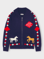 Bode Bode Knitwear, Multi, Diamond Corral Merino Wool Zip Up Cardigan In Blue w/ Horses Embroidery