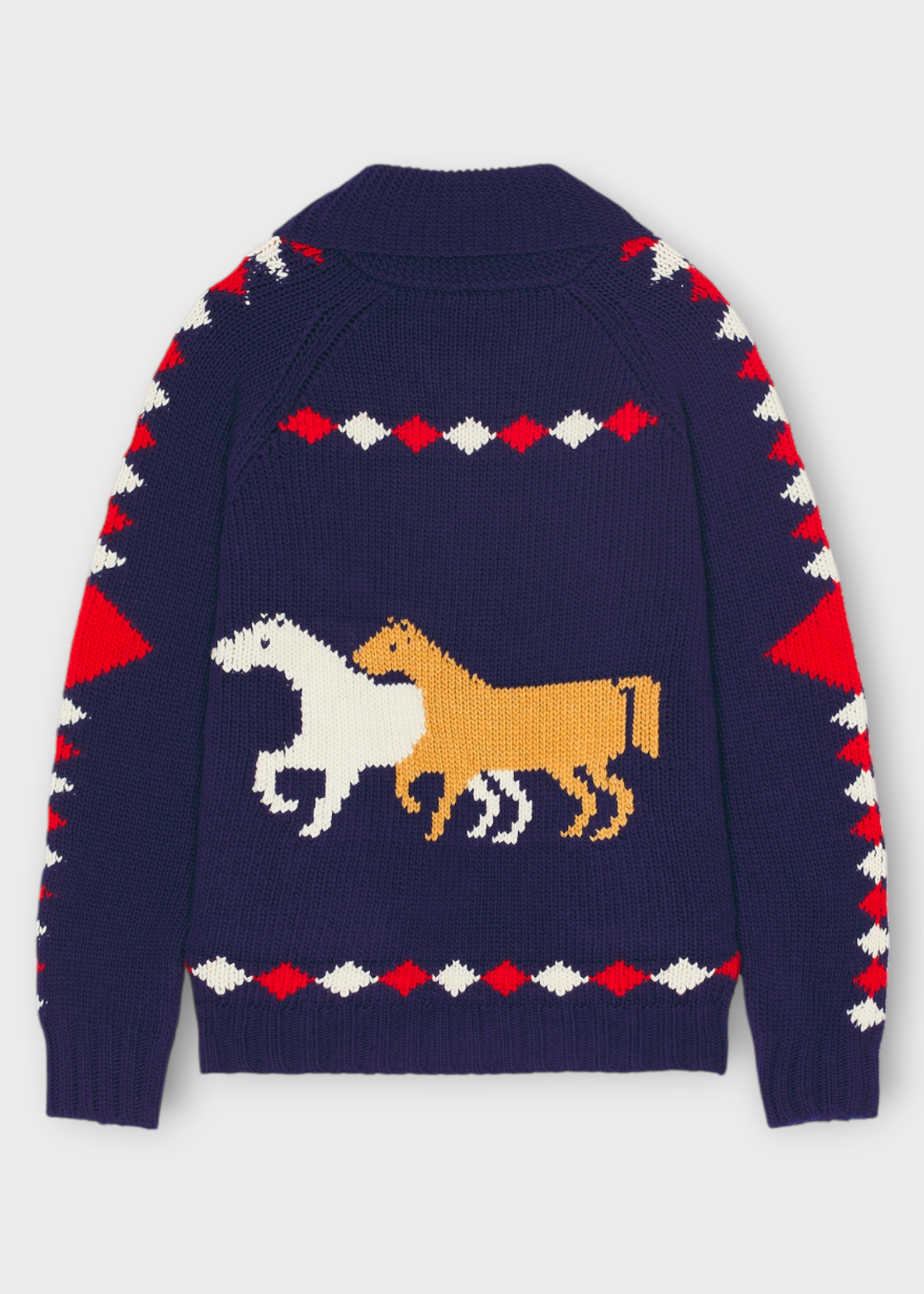 Bode Bode Knitwear, Multi, Diamond Corral Merino Wool Zip Up Cardigan In Blue w/ Horses Embroidery