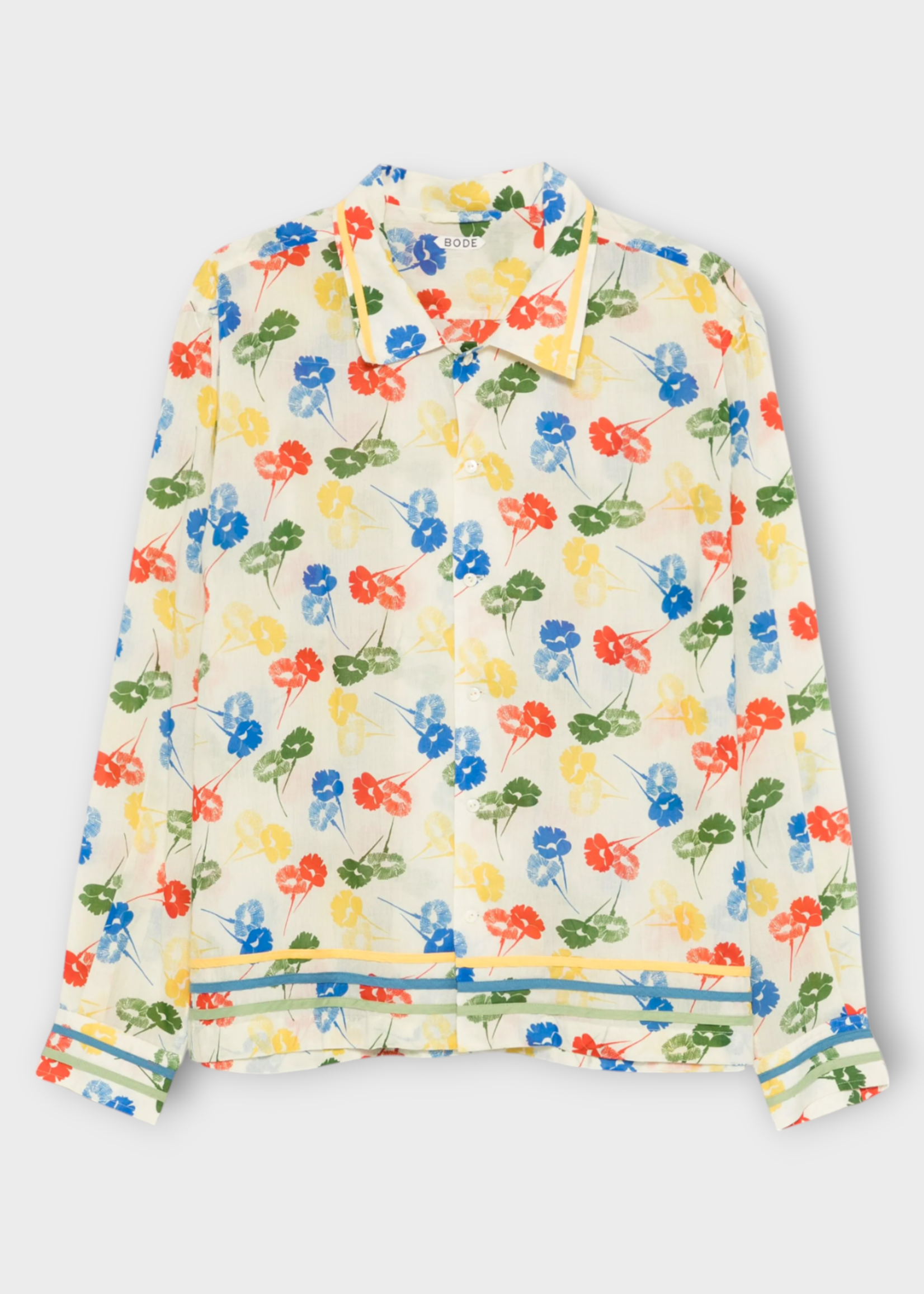 Bode Bode Shirt, Multi, Flower Stamp Collared Button Up Long Sleeve Shirt In White & Multicolour Flower Print