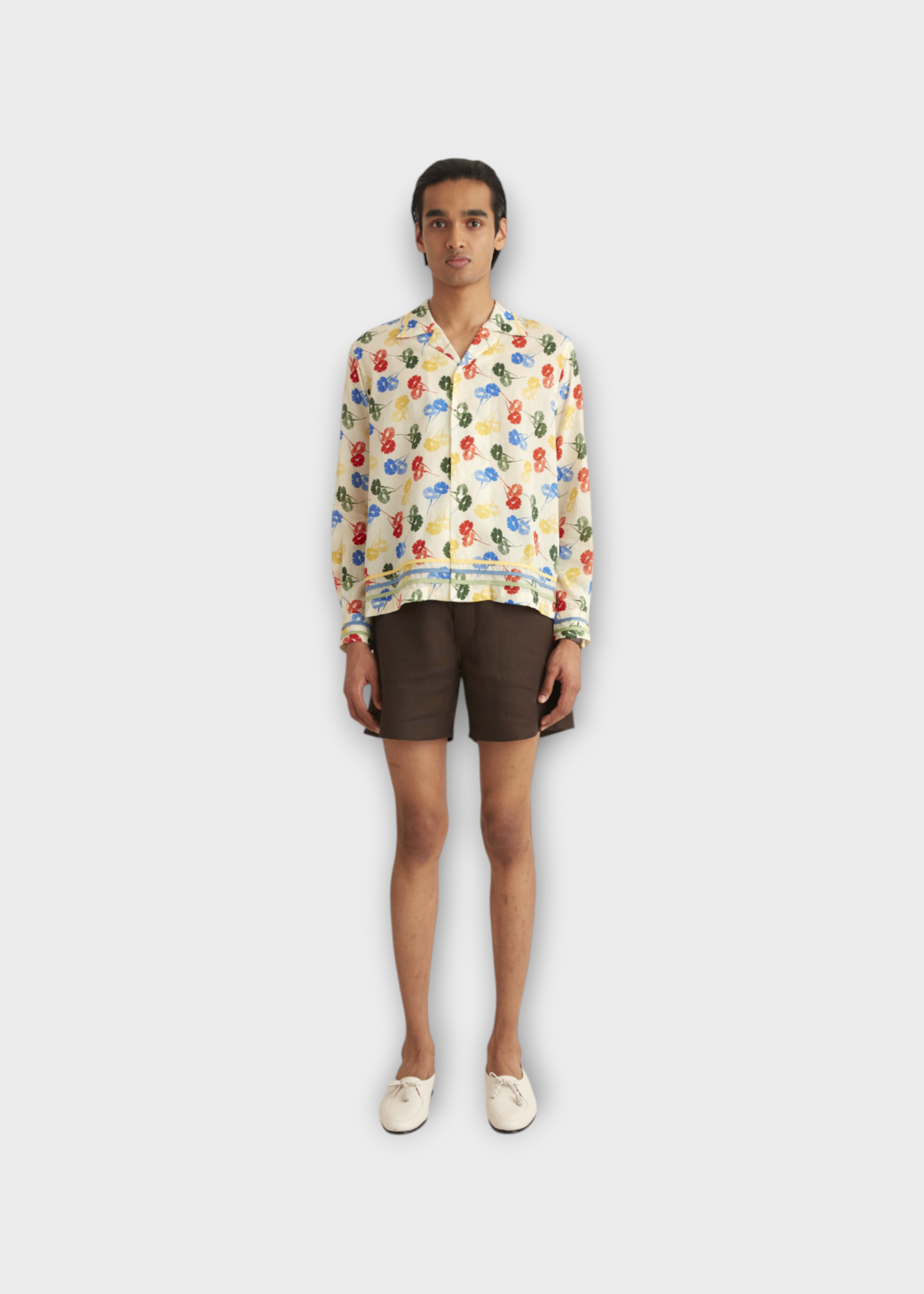 Bode Bode Shirt, Multi, Flower Stamp Collared Button Up Long Sleeve Shirt In White & Multicolour Flower Print