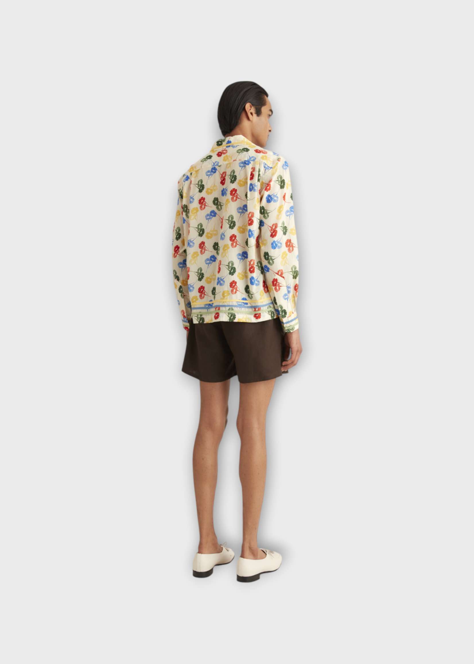 Bode Bode Shirt, Multi, Flower Stamp Collared Button Up Long Sleeve Shirt In White & Multicolour Flower Print