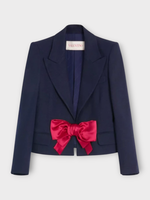 Valentino Valentino Jacket, Blue, Collared Solid Single Breasted Blazer in Provence Blue w/ Red Bow
