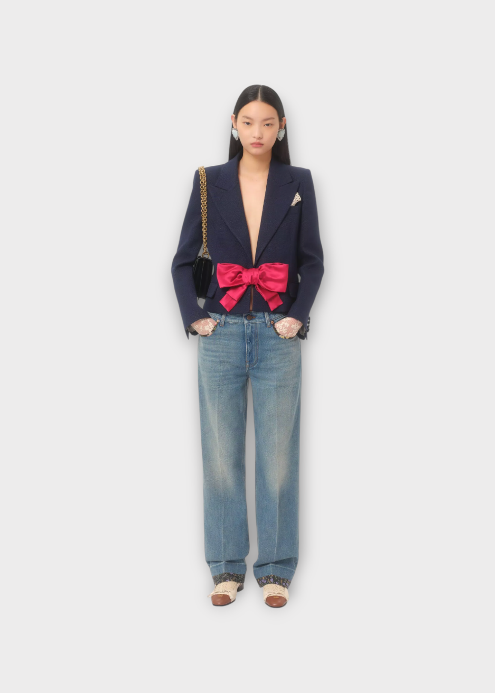 Valentino Valentino Jacket, Blue, Collared Solid Single Breasted Blazer in Provence Blue w/ Red Bow