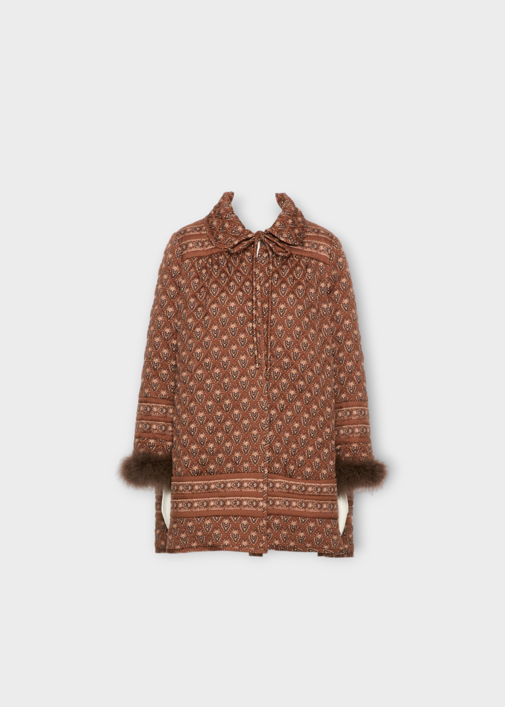 Valentino Valentino Jacket, Multi, Collared Quilted Floral Jacket in Brown &  Multicolour w/ Feathers Hem