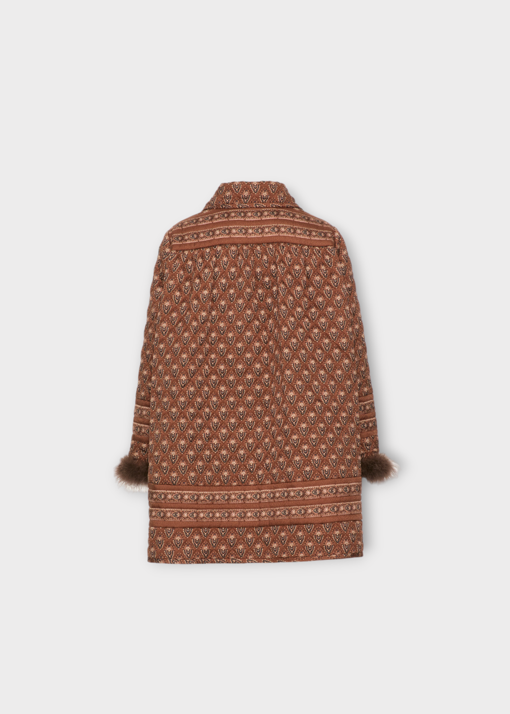 Valentino Valentino Jacket, Multi, Collared Quilted Floral Jacket in Brown &  Multicolour w/ Feathers Hem