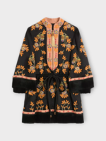 Valentino Valentino Dress, Multi, Long Sleeve Fringed Belted Short Dress in Black & Multicolour w/ Floral Embroidery