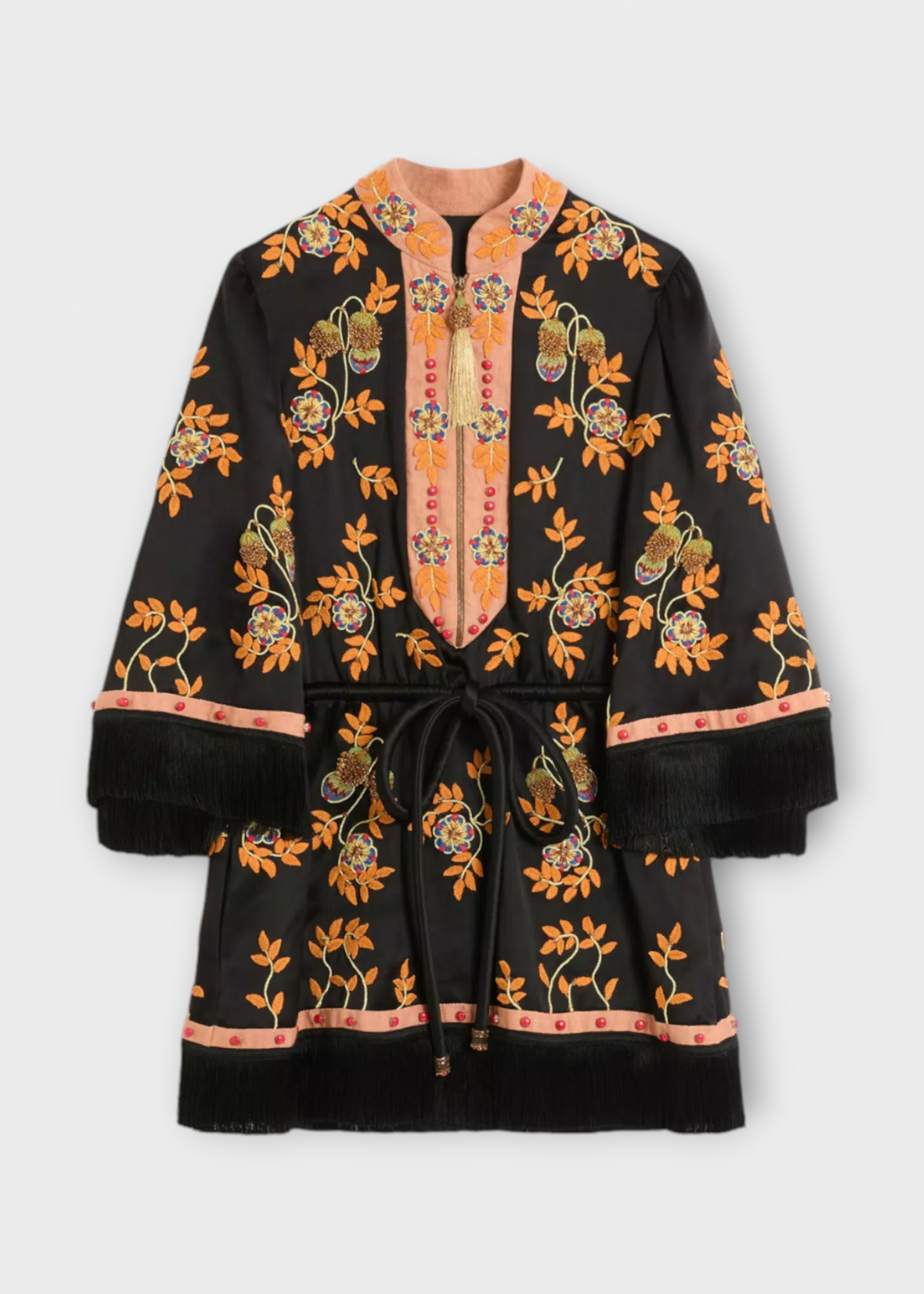 Valentino Valentino Dress, Multi, Long Sleeve Fringed Belted Short Dress in Black & Multicolour w/ Floral Embroidery