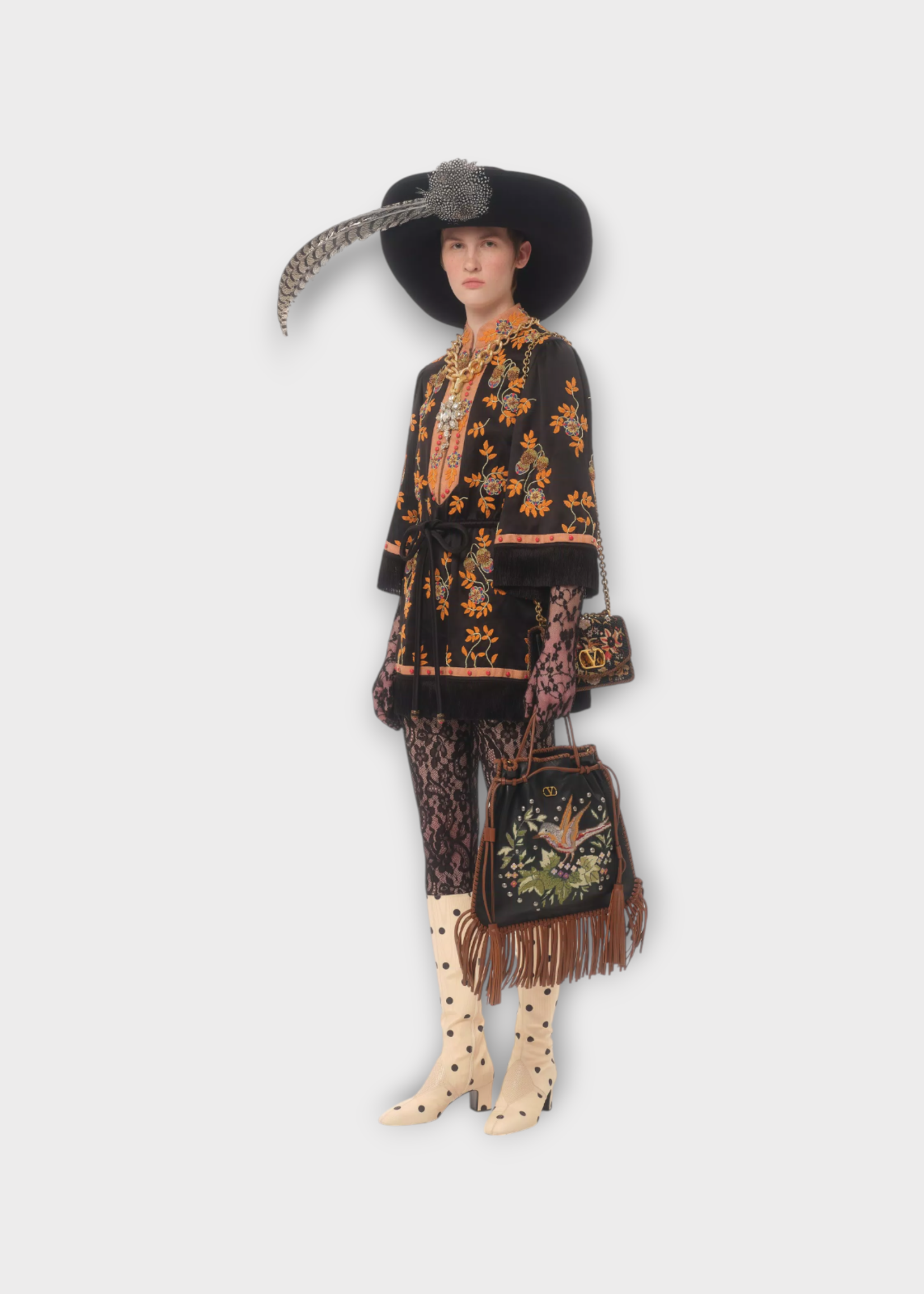 Valentino Valentino Dress, Multi, Long Sleeve Fringed Belted Short Dress in Black & Multicolour w/ Floral Embroidery