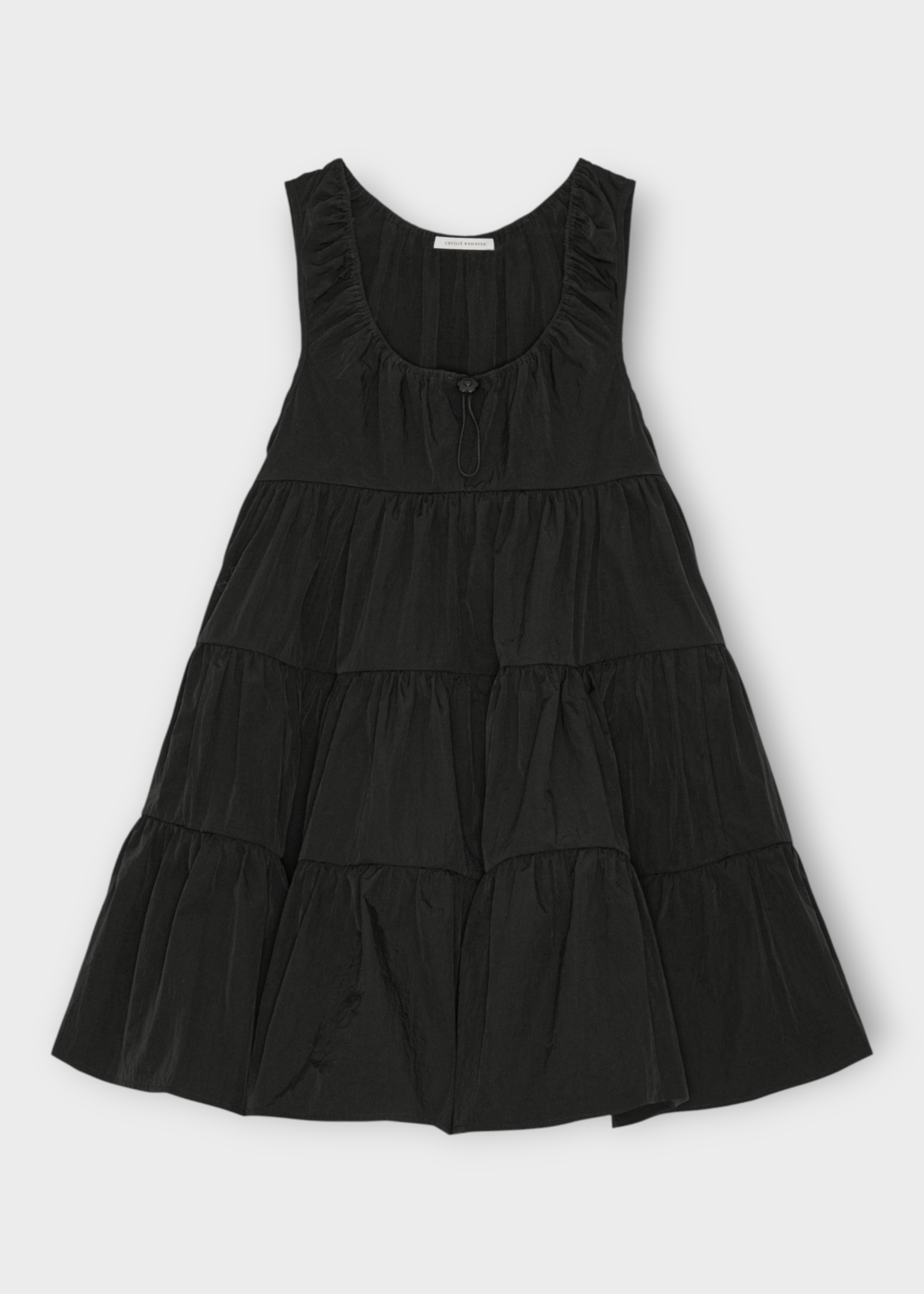 Cecilie Bahnsen Cecilie Bahnsen Dress, Black, Aino Canvas Crew Neck Sleeveless Mini Dress in Black w/ Tiered Skirt