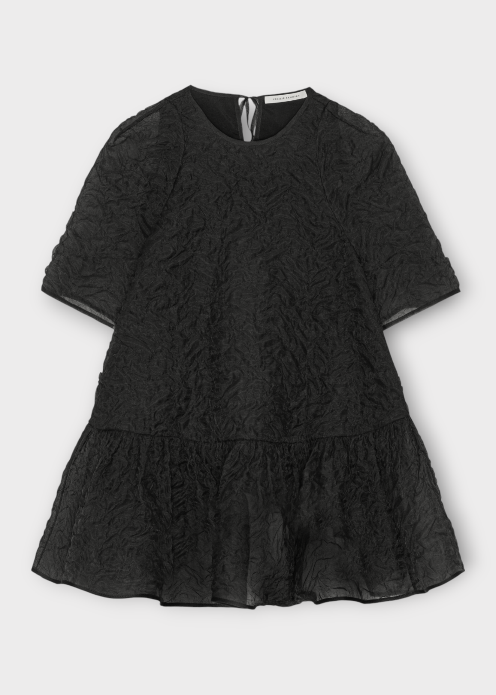 Cecilie Bahnsen Cecilie Bahnsen Top, Black, Susi Nimbus Matelassé Crew Neck Short Sleeve Top in Black w/ Ruffled Hem