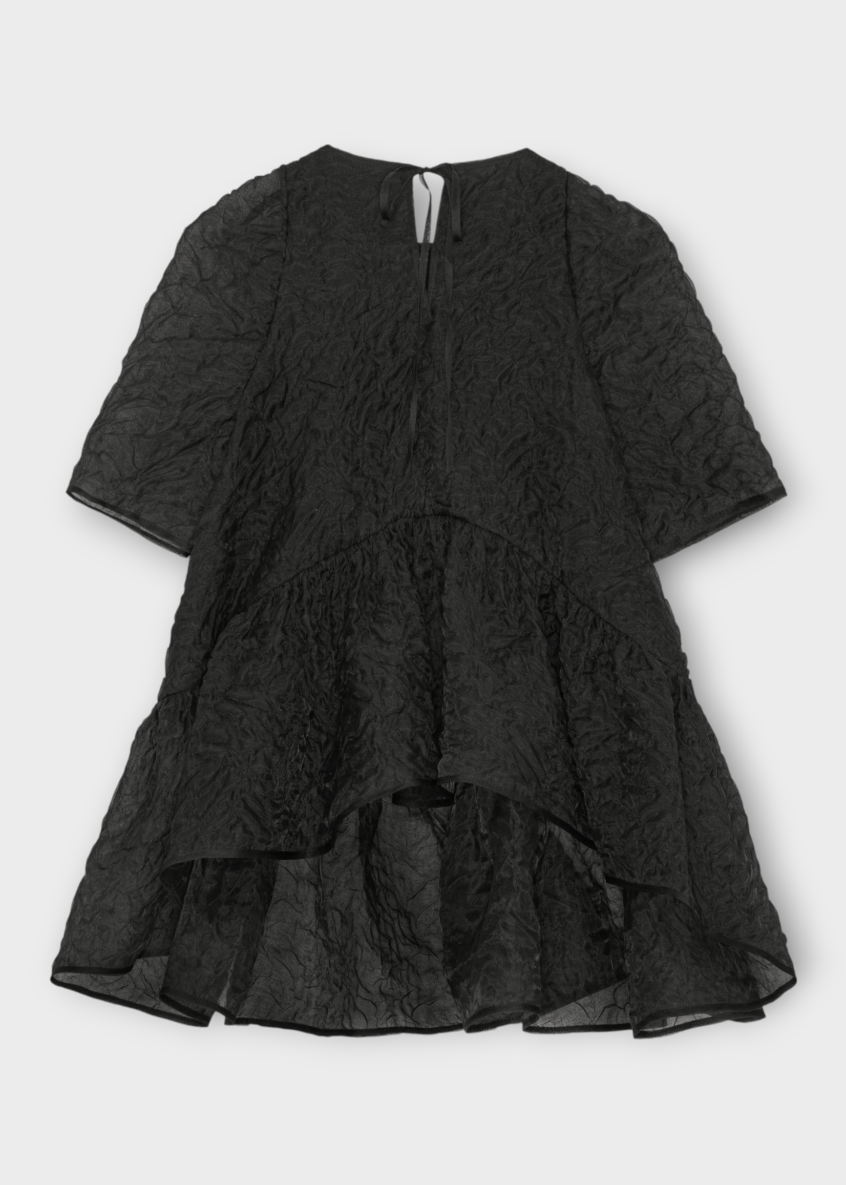 Cecilie Bahnsen Cecilie Bahnsen Top, Black, Susi Nimbus Matelassé Crew Neck Short Sleeve Top in Black w/ Ruffled Hem
