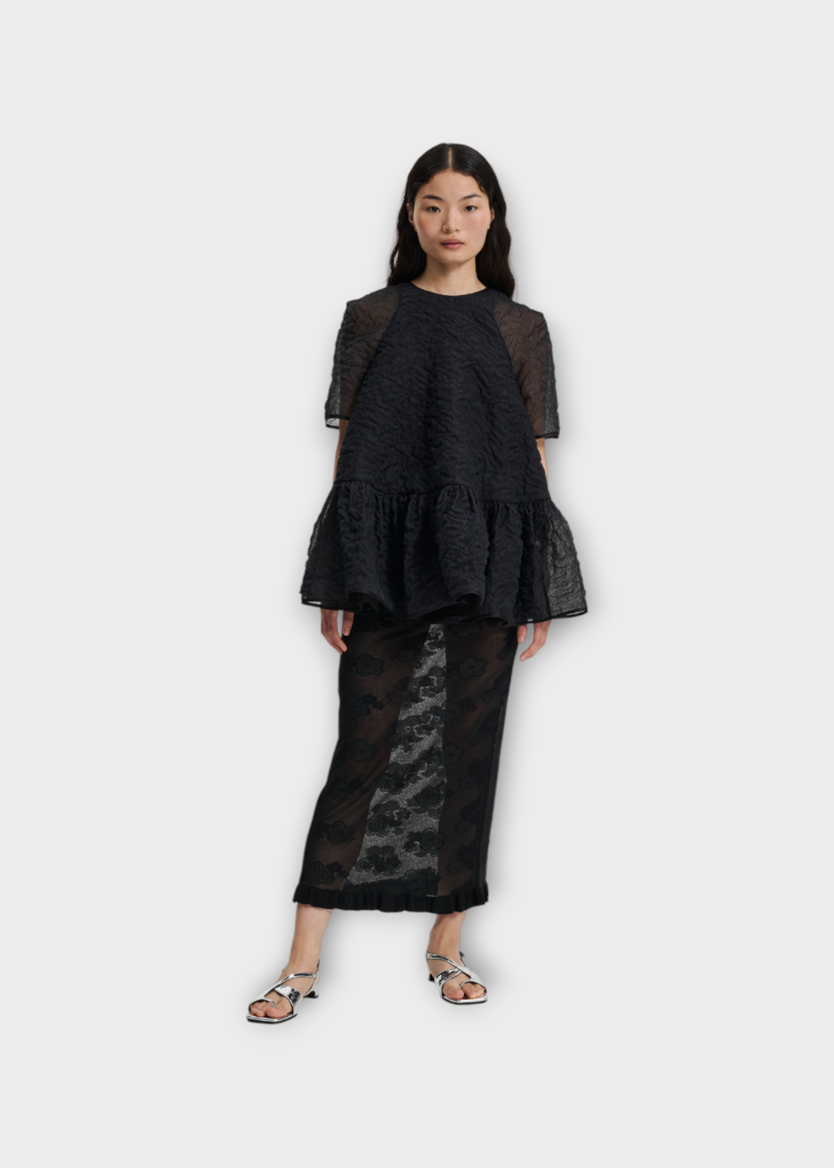 Cecilie Bahnsen Cecilie Bahnsen Top, Black, Susi Nimbus Matelassé Crew Neck Short Sleeve Top in Black w/ Ruffled Hem