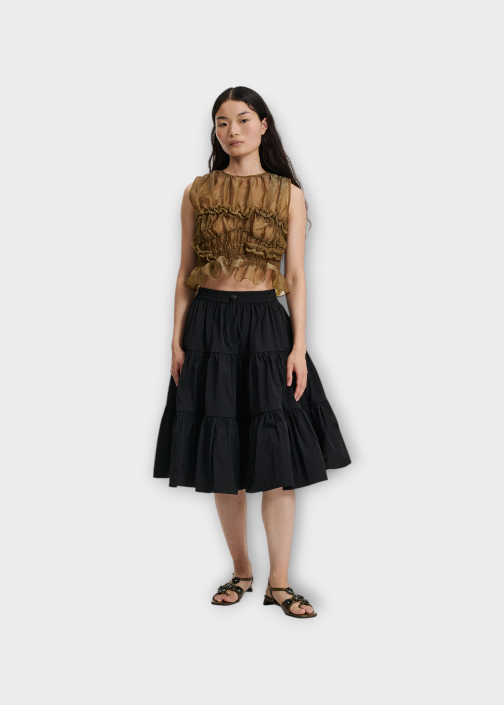 Cecilie Bahnsen Cecilie Bahnsen Skirt, Black, Alec Crinkled Taffeta Tiered Midi Skirt in Black w/ Gathering
