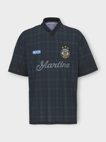 Martine Rose Martine Rose T-Shirt, Print, V-Neck Short Sleeve Football Shirt In Black w/ Tartan Print & Graphics