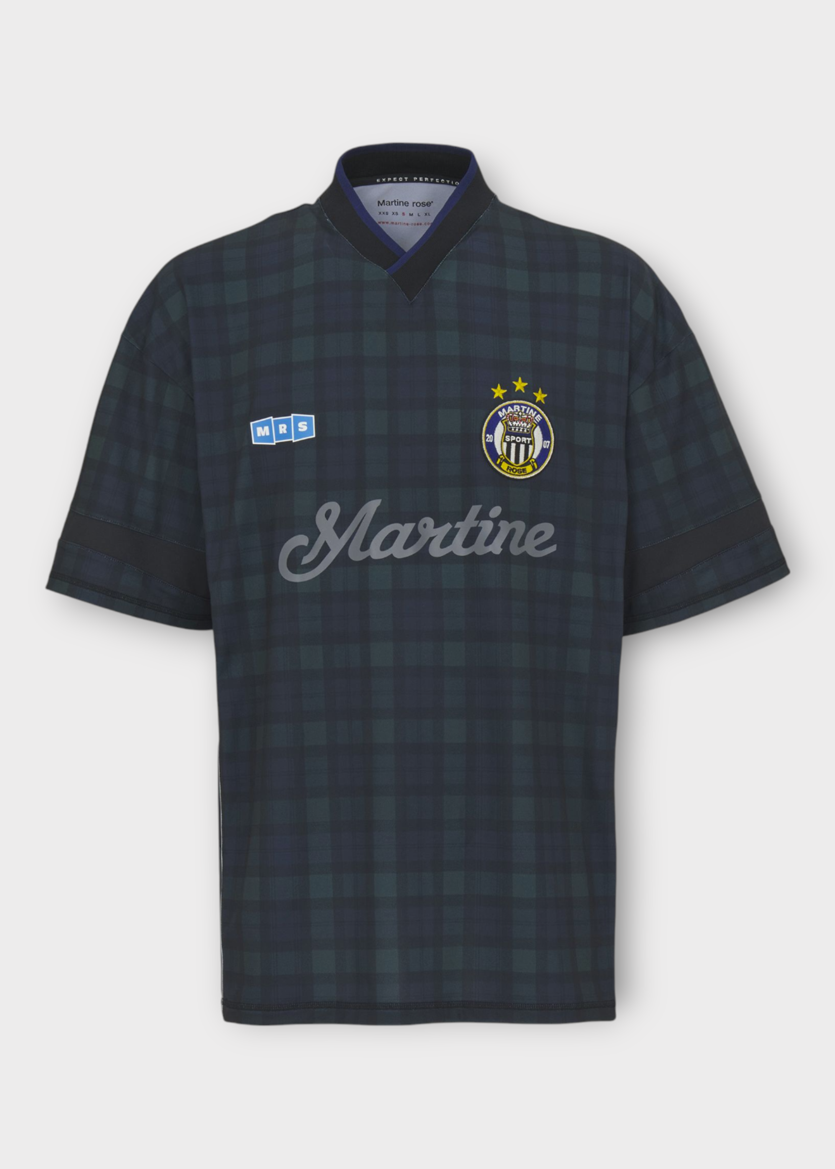 Martine Rose Martine Rose T-Shirt, Print, V-Neck Short Sleeve Football Shirt In Black w/ Tartan Print & Graphics